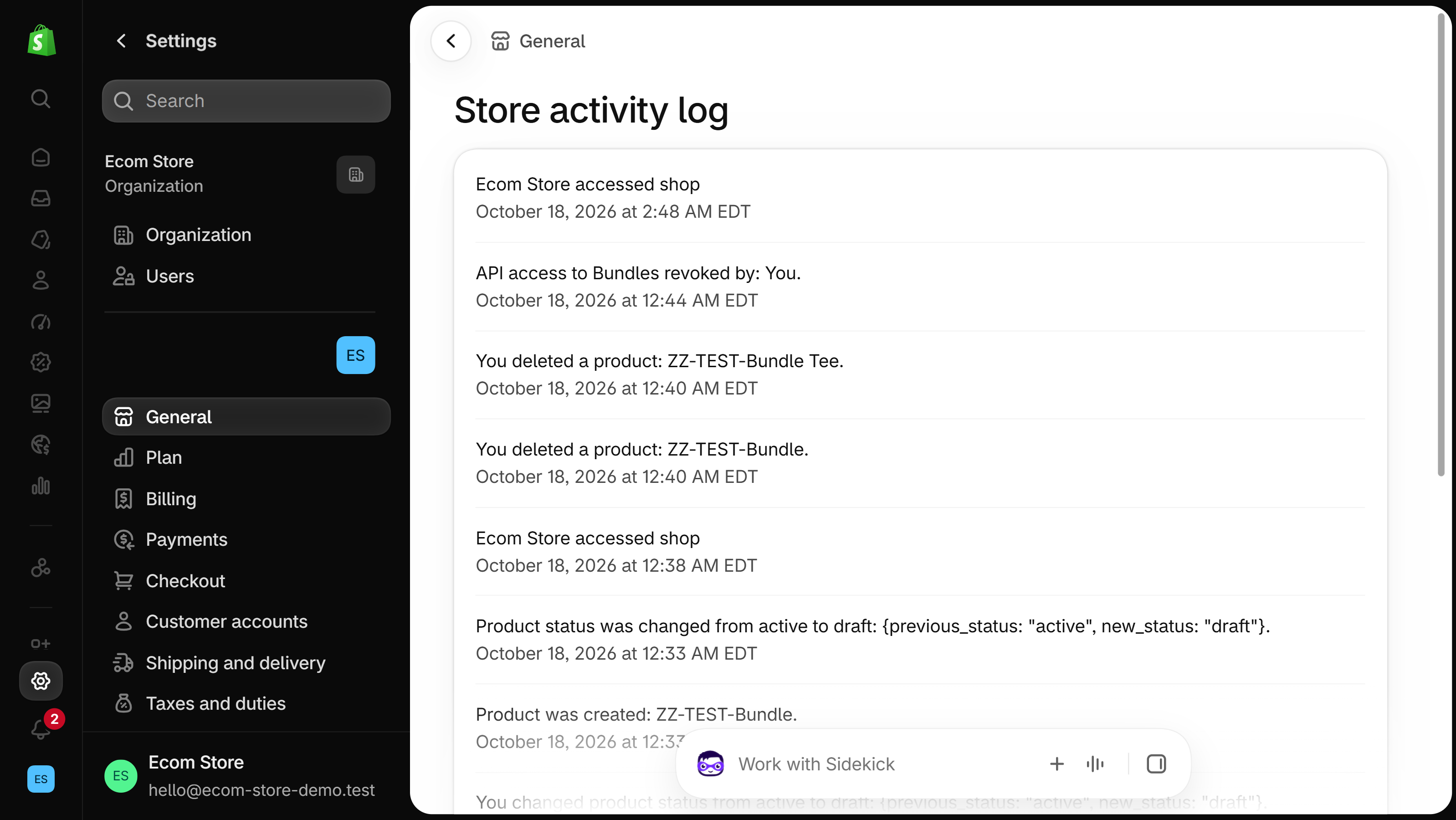Shopify admin Settings, General, Store activity log page with a dated list of recent store events