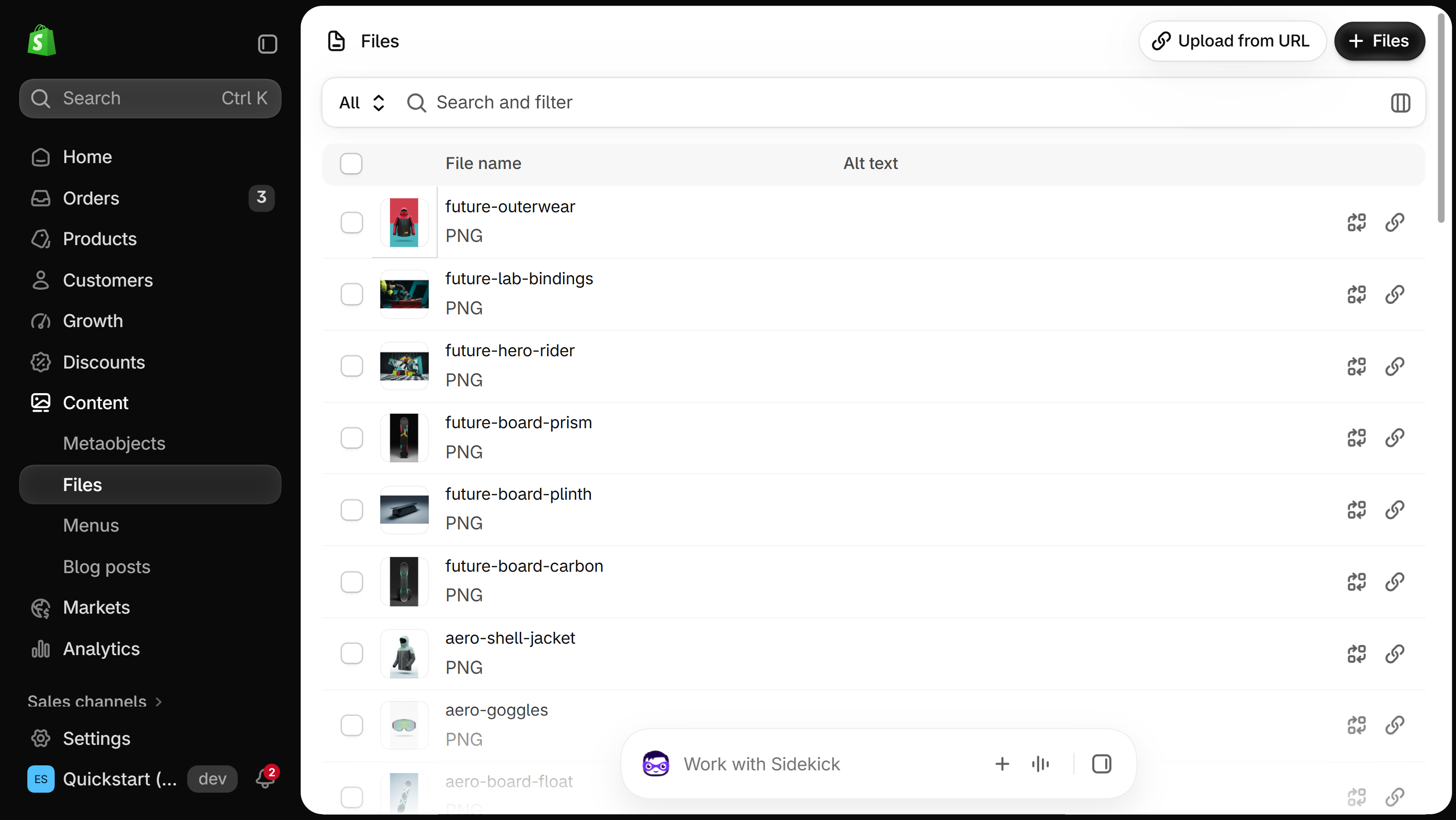 Shopify admin Content, Files page listing uploaded files, with Upload from URL and add Files buttons at the top right