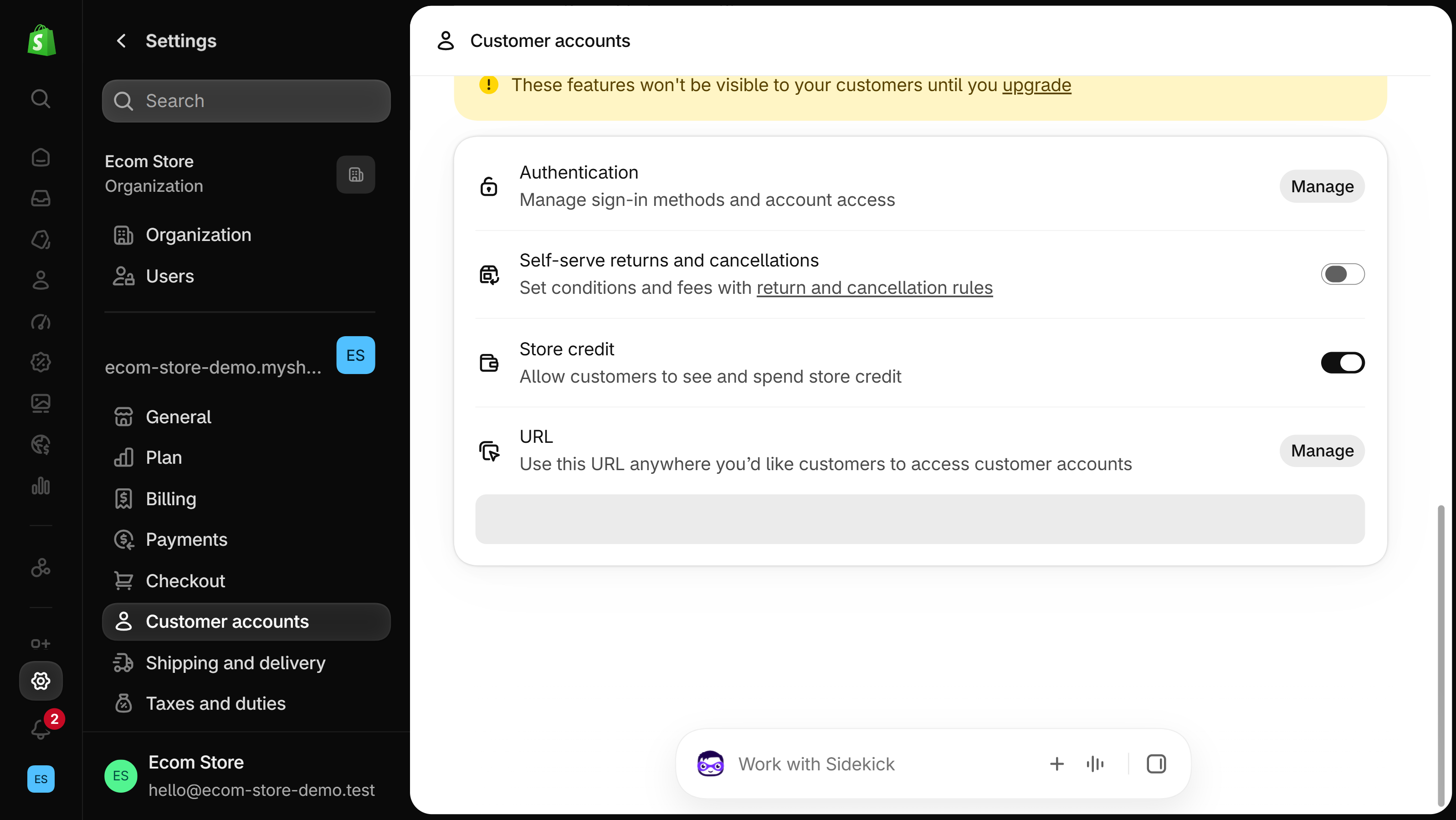 Customer accounts settings with rows for Authentication, Self-serve returns and cancellations, Store credit and URL; the URL row has a Manage button and its address field is masked