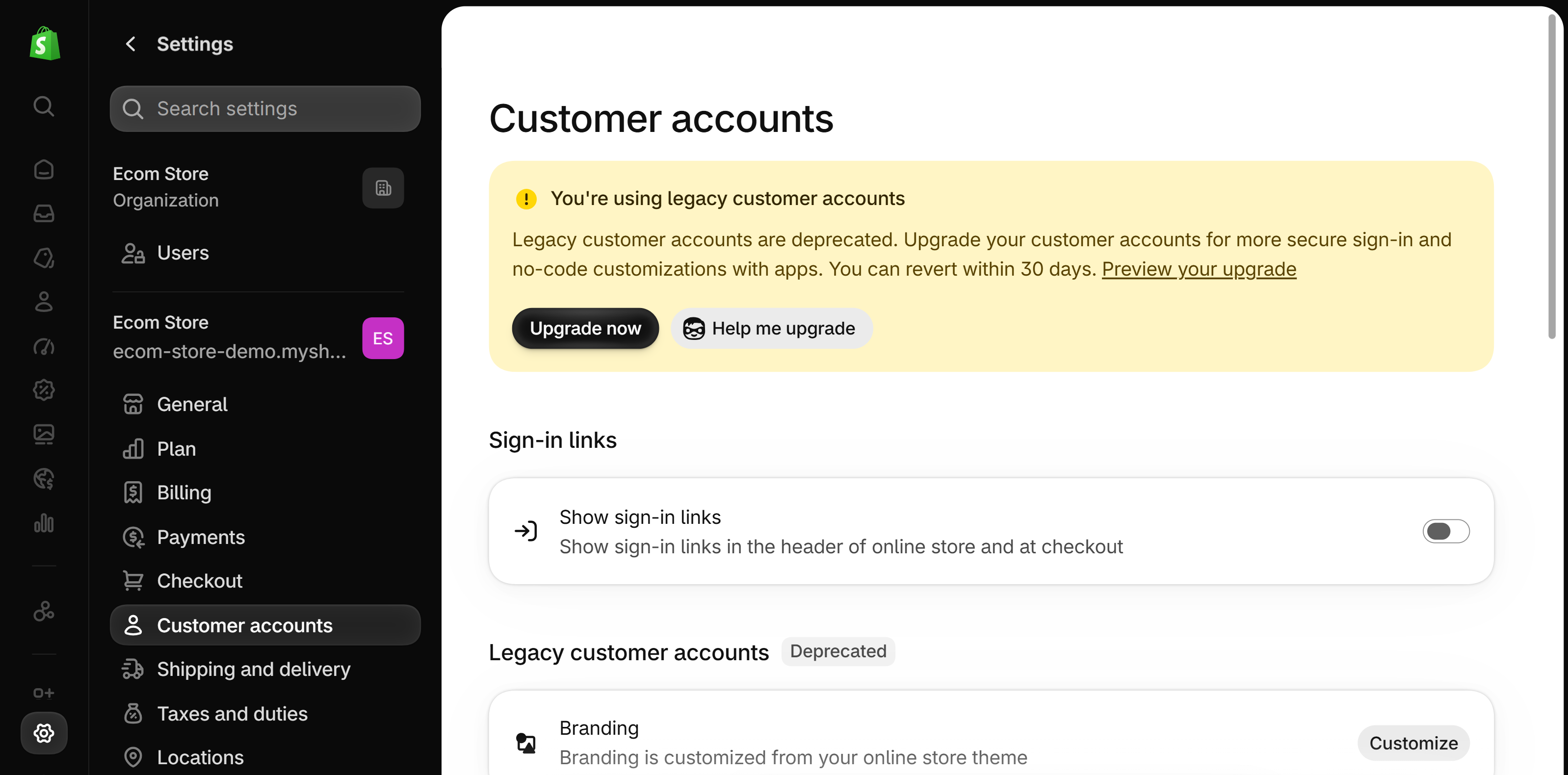 Shopify admin Settings, Customer accounts page with a banner saying the store uses legacy customer accounts, Upgrade now and Help me upgrade buttons, and a Legacy customer accounts section marked Deprecated