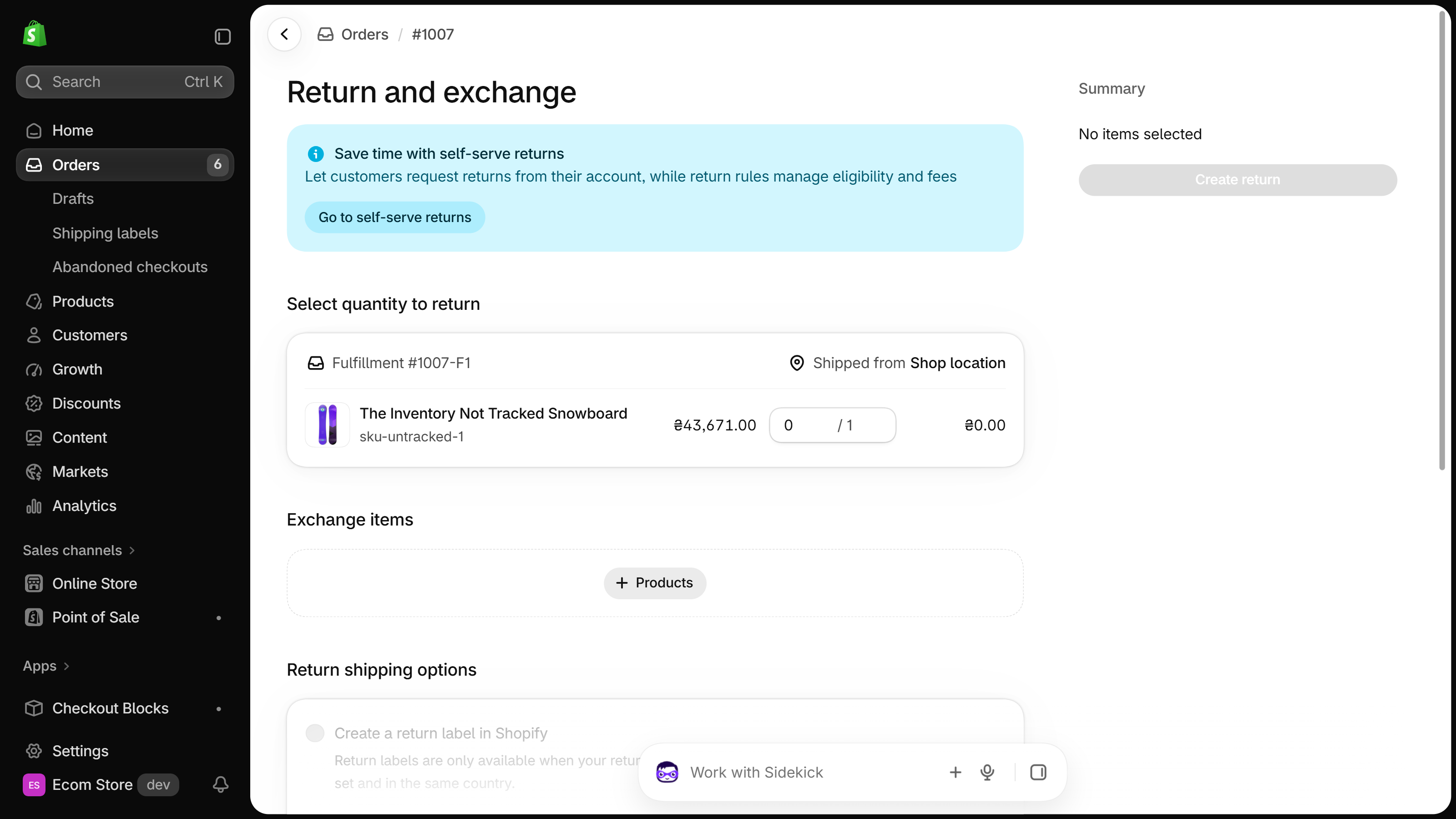 Shopify admin Return and exchange page for an order, with a Select quantity to return list, an Exchange items section with a Products button, Return shipping options, and a Summary panel with a Create return button