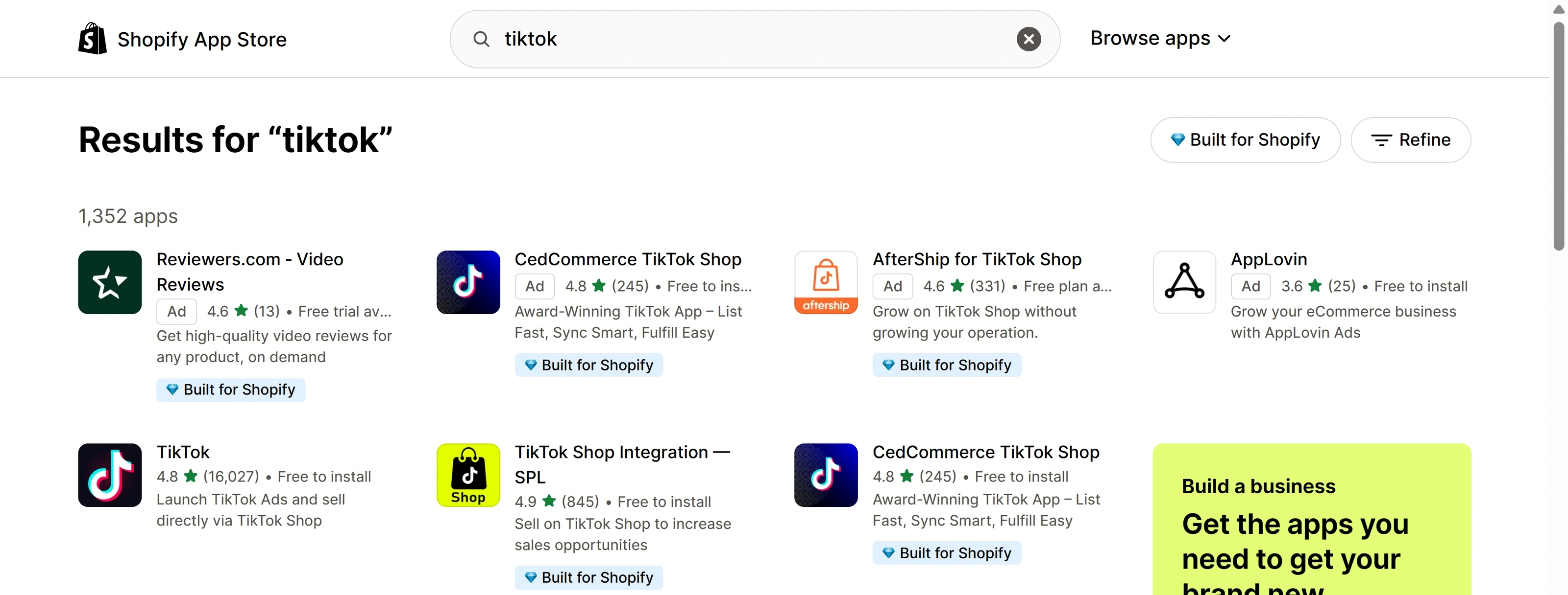 Shopify App Store results for tiktok: a first row of ad-labelled apps and the official TikTok app in the second row