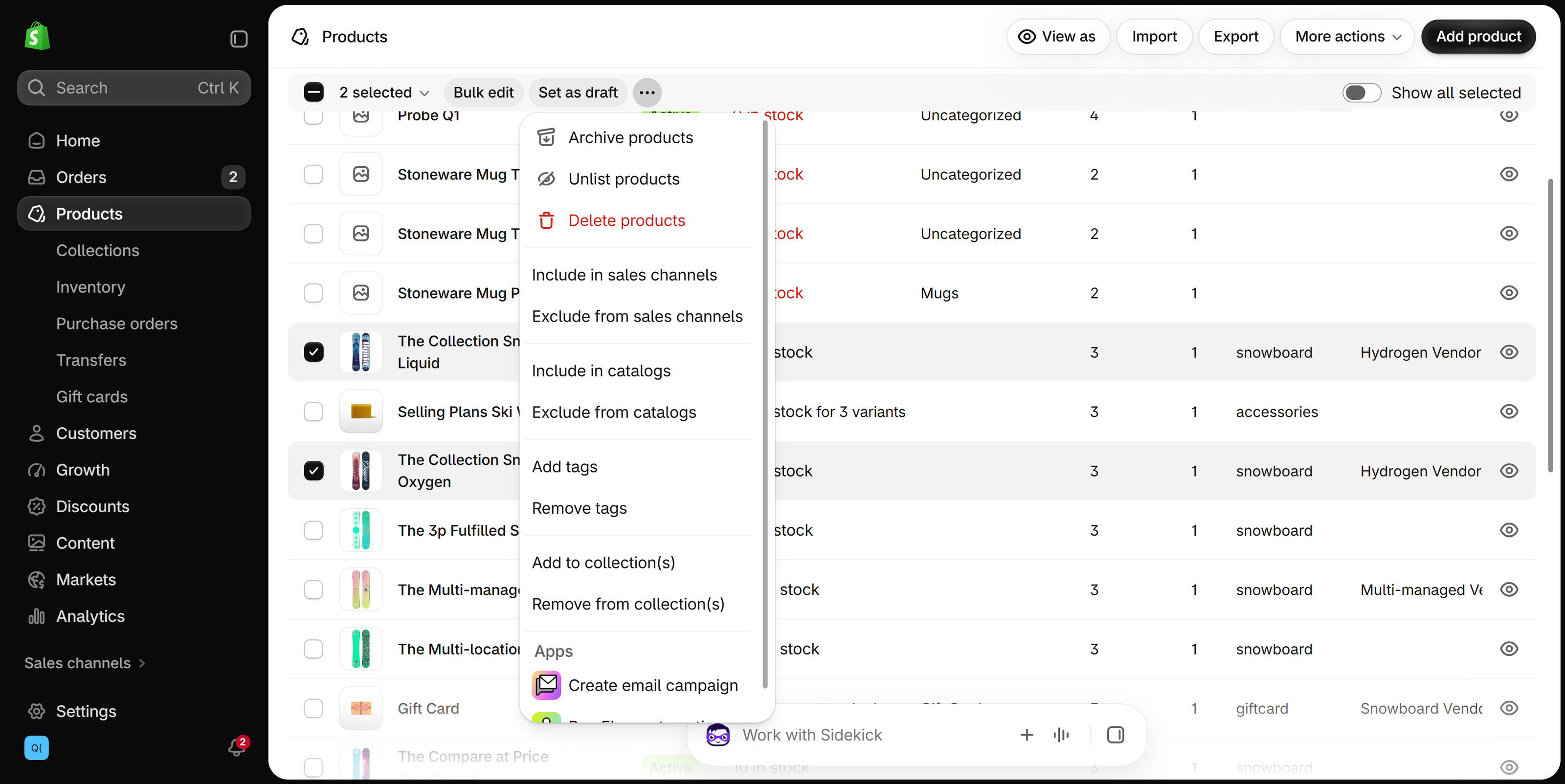 Products list with two products selected and the actions menu open, showing Include in sales channels and Exclude from sales channels
