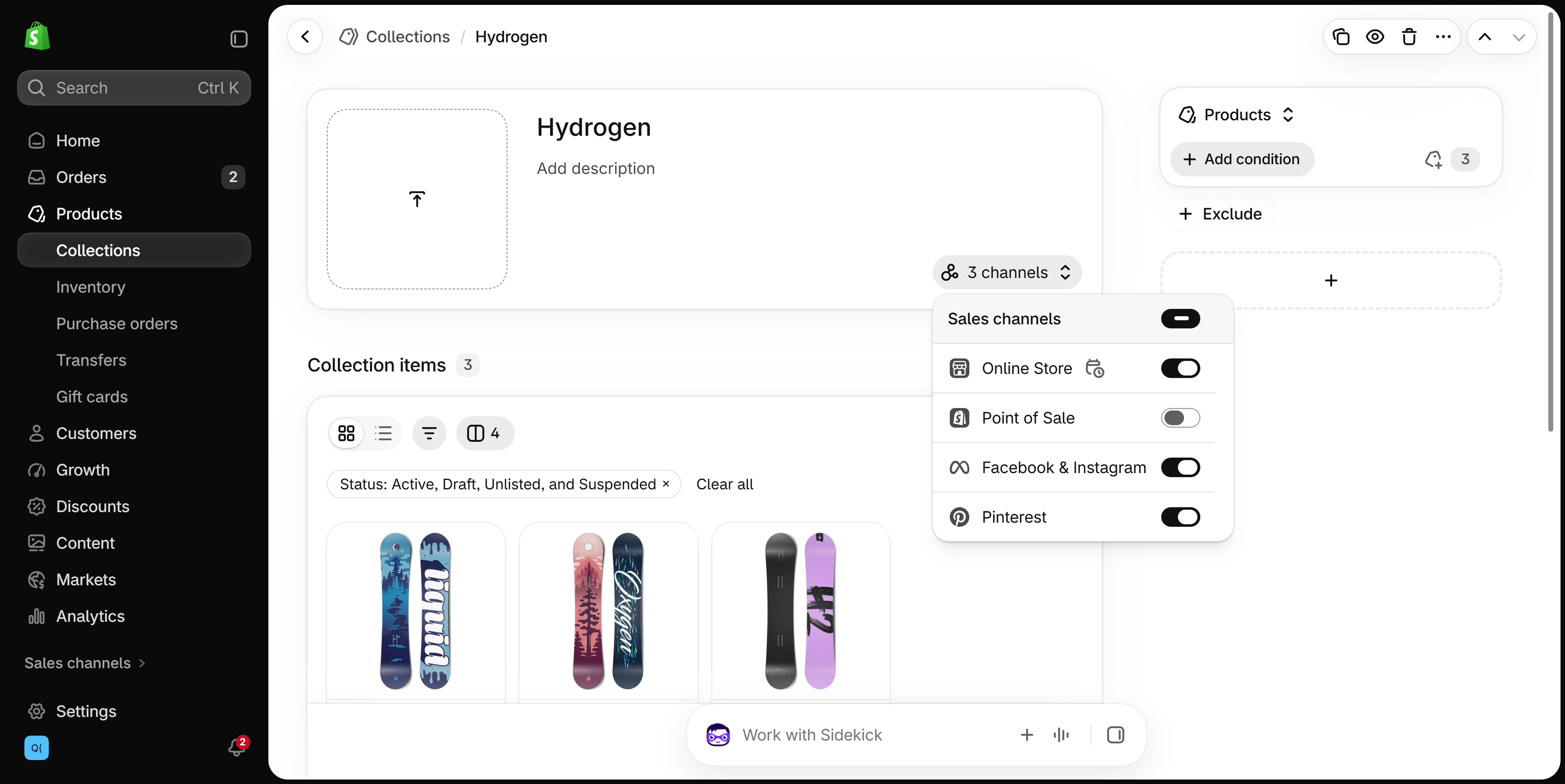 Collection page with the sales channels menu open: Online Store, Point of Sale, Facebook & Instagram and Pinterest toggles, and a calendar icon only in the Online Store row
