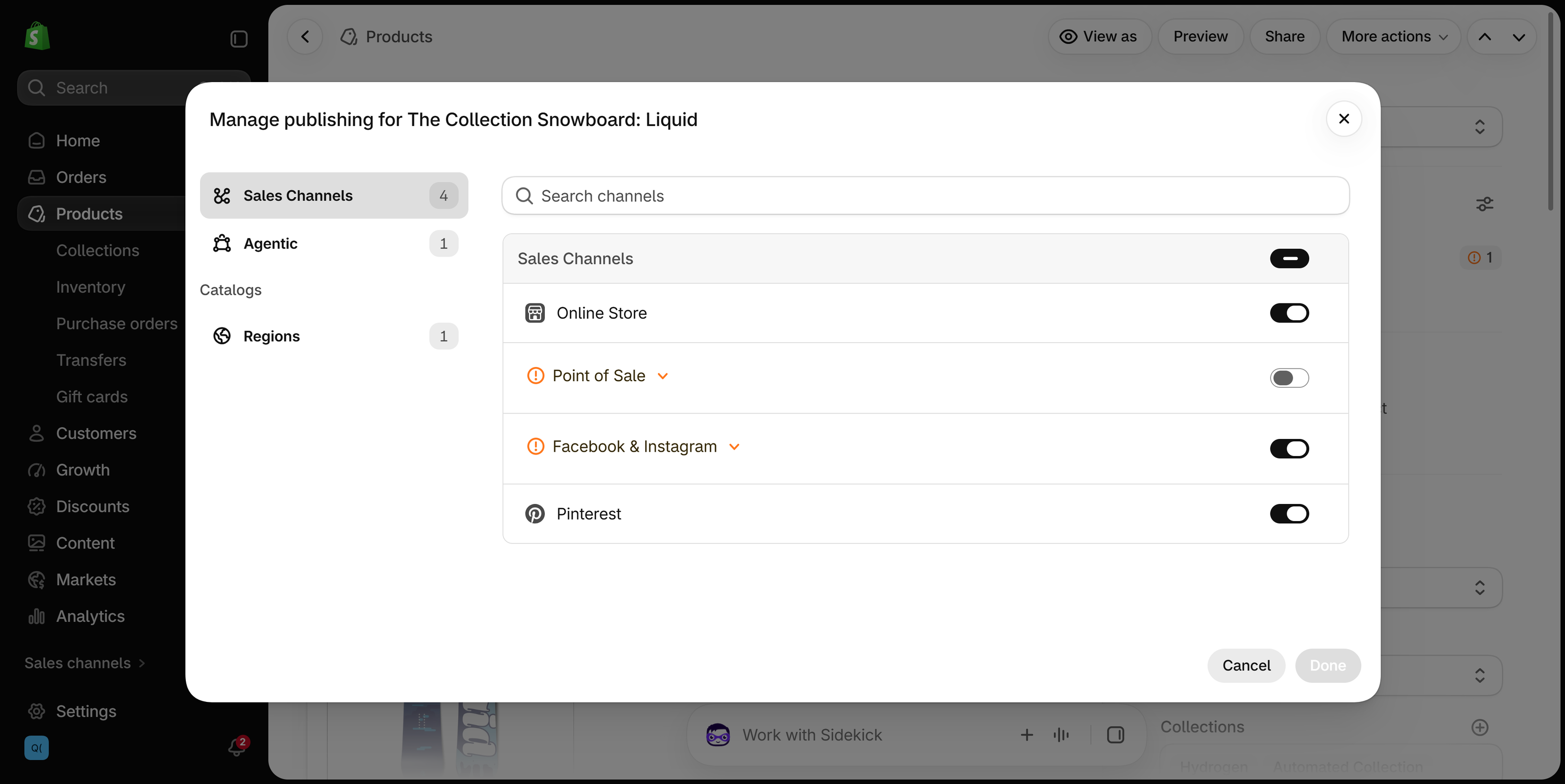 Manage publishing dialog for a product with toggles for Online Store, Point of Sale, Facebook & Instagram and Pinterest, and Cancel and Done buttons