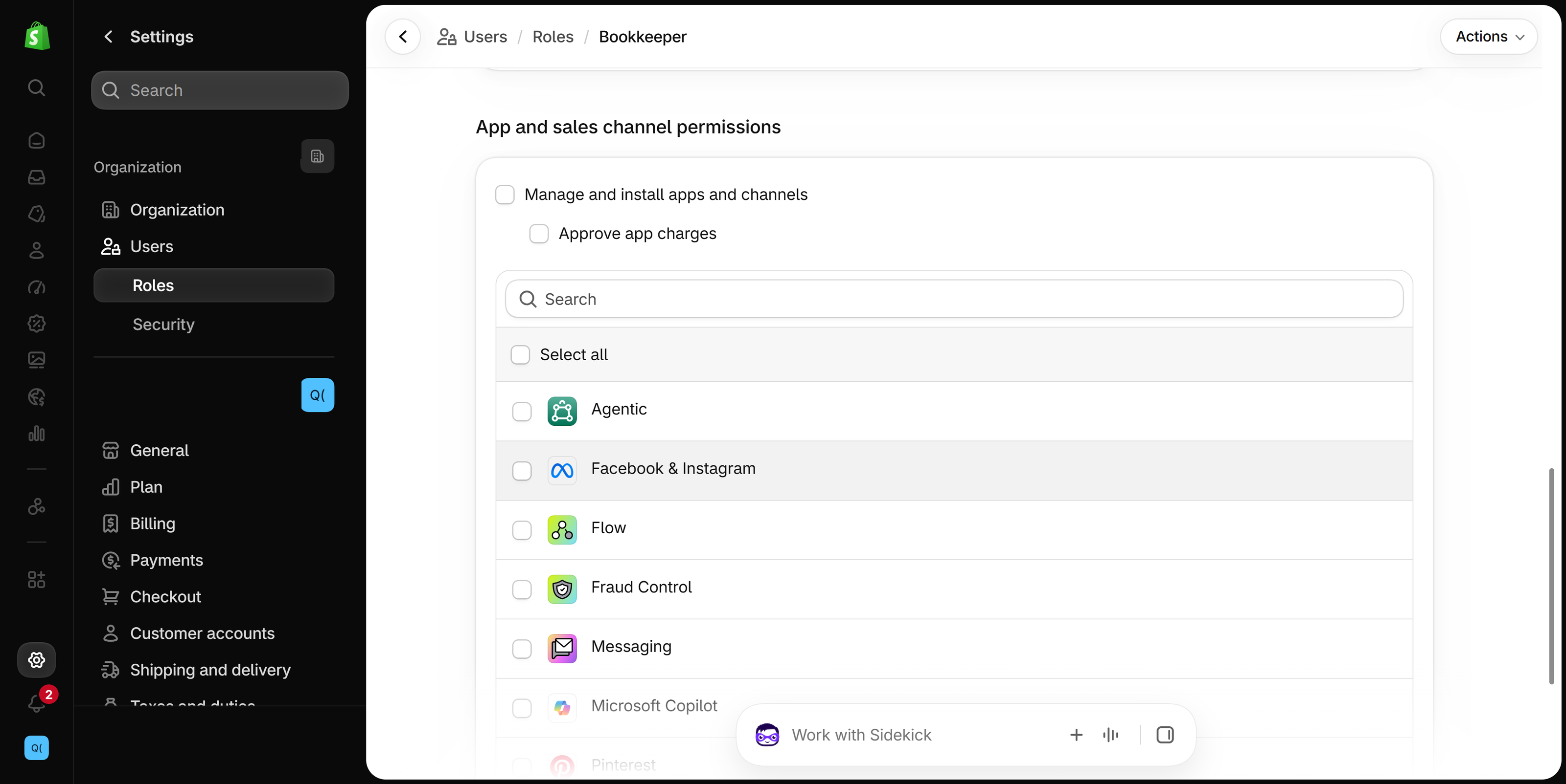Bookkeeper role editor showing App and sales channel permissions: Manage and install apps and channels, Approve app charges, and a checklist of individual apps and channels