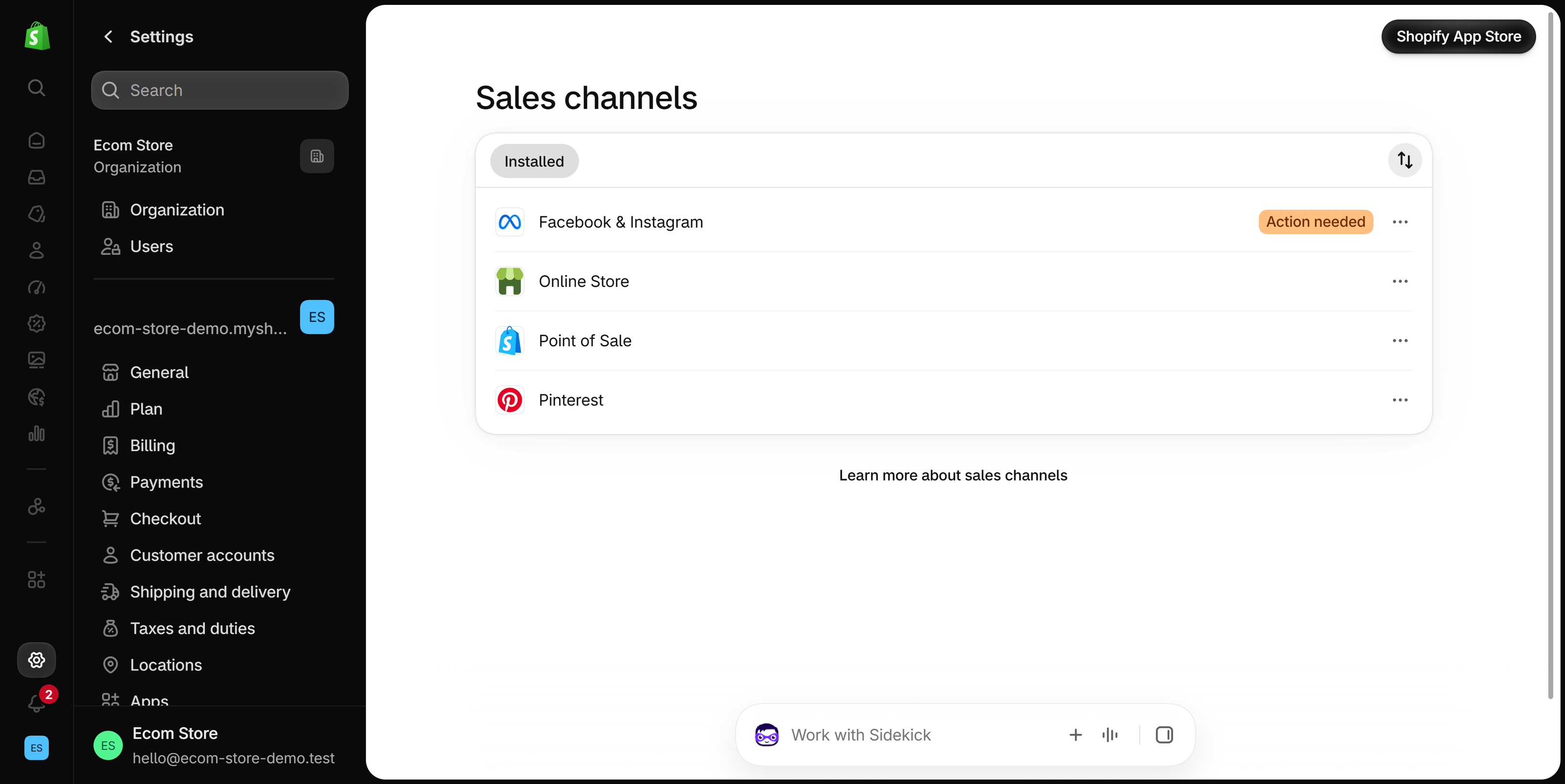 Sales channels settings page listing installed channels Facebook & Instagram, Online Store, Point of Sale and Pinterest, with a Shopify App Store button at the top right