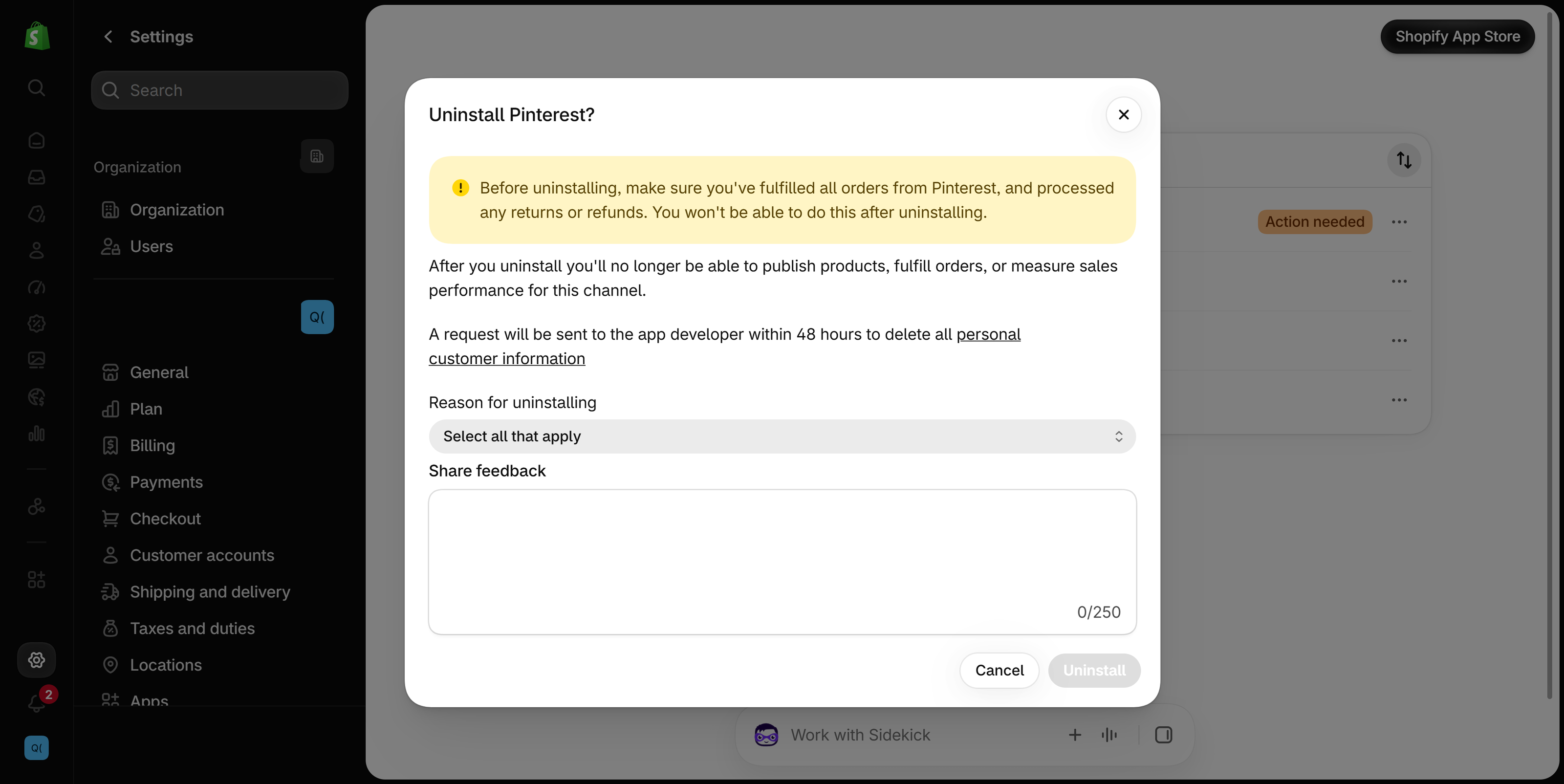 Uninstall Pinterest confirmation dialog with an order warning, a note about a customer data deletion request, a reason dropdown, a feedback box, and Cancel and Uninstall buttons