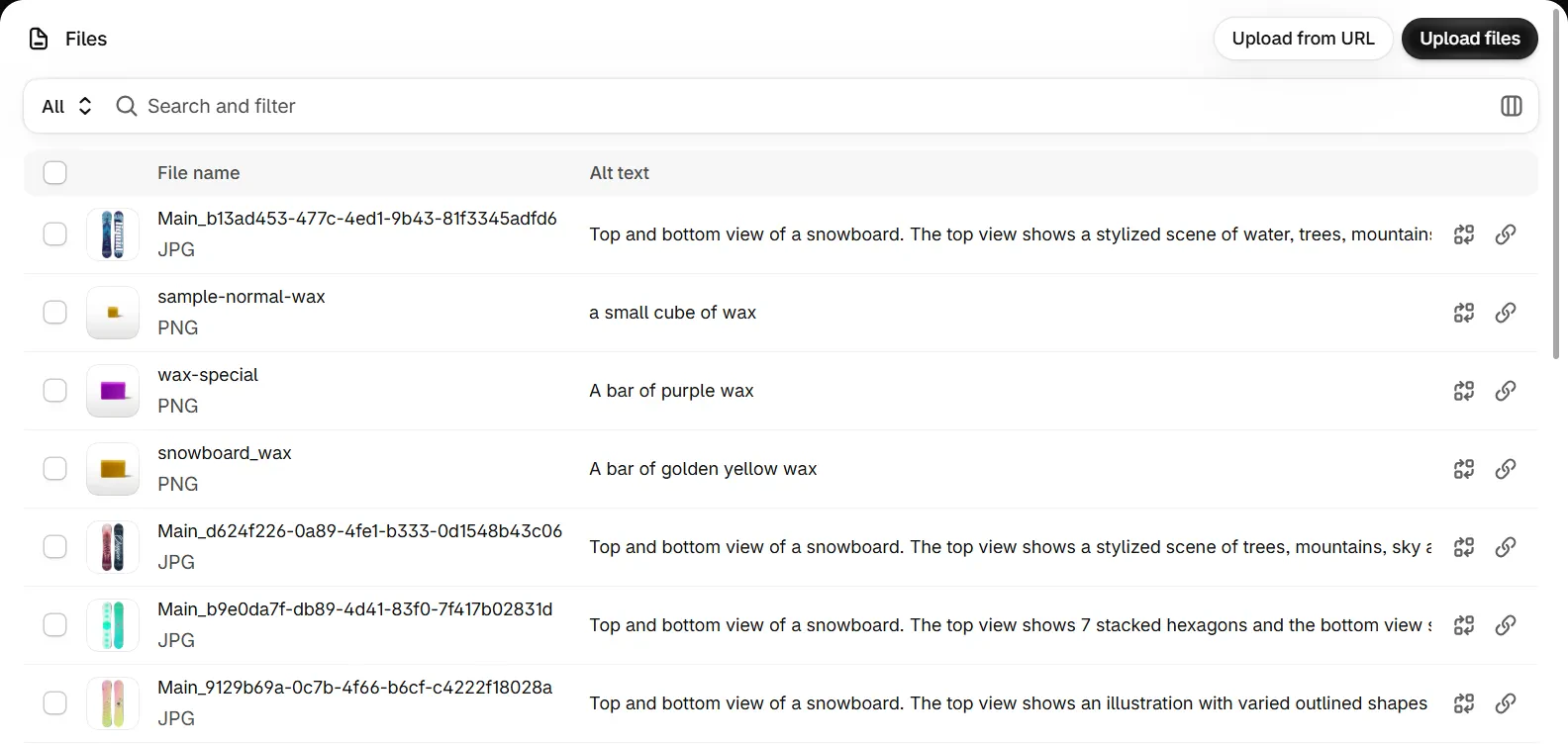 Files page in the Shopify admin: a table with a File name column and an Alt text column. Rows include PNG files named sample-normal-wax, wax-special and snowboard_wax with alt text such as A bar of golden yellow wax, and JPG files whose names start with Main_ followed by a long string of letters and digits, each with alt text describing a snowboard