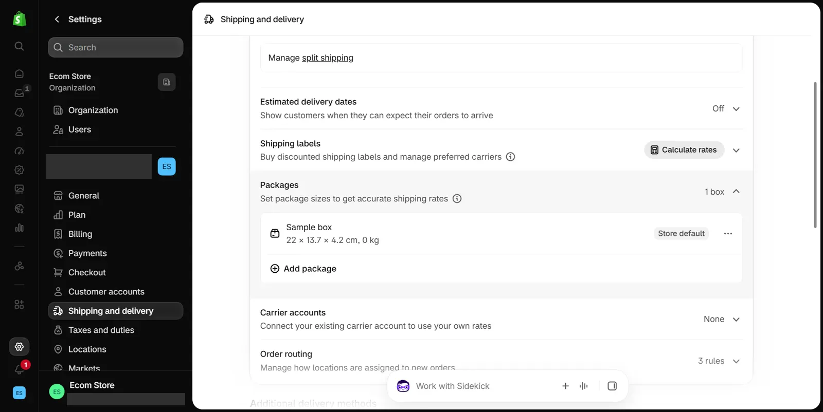 Shopify admin Shipping and delivery settings scrolled down with the Packages section expanded: one package named Sample box, 22 by 13.7 by 4.2 cm, tagged Store default with a three-dot menu beside it, an Add package button, and below it Carrier accounts showing None and Order routing showing three rules