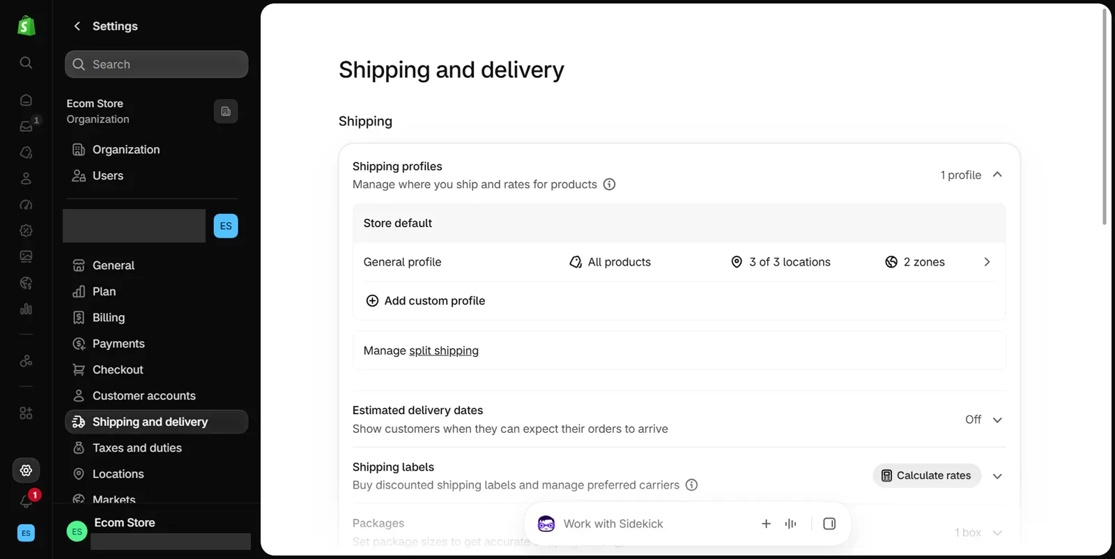 Shopify admin Settings menu with Shipping and delivery selected; the Shipping section shows a Shipping profiles card with one General profile covering all products, three locations and two zones, then Estimated delivery dates set to Off and a Shipping labels row with a Calculate rates button