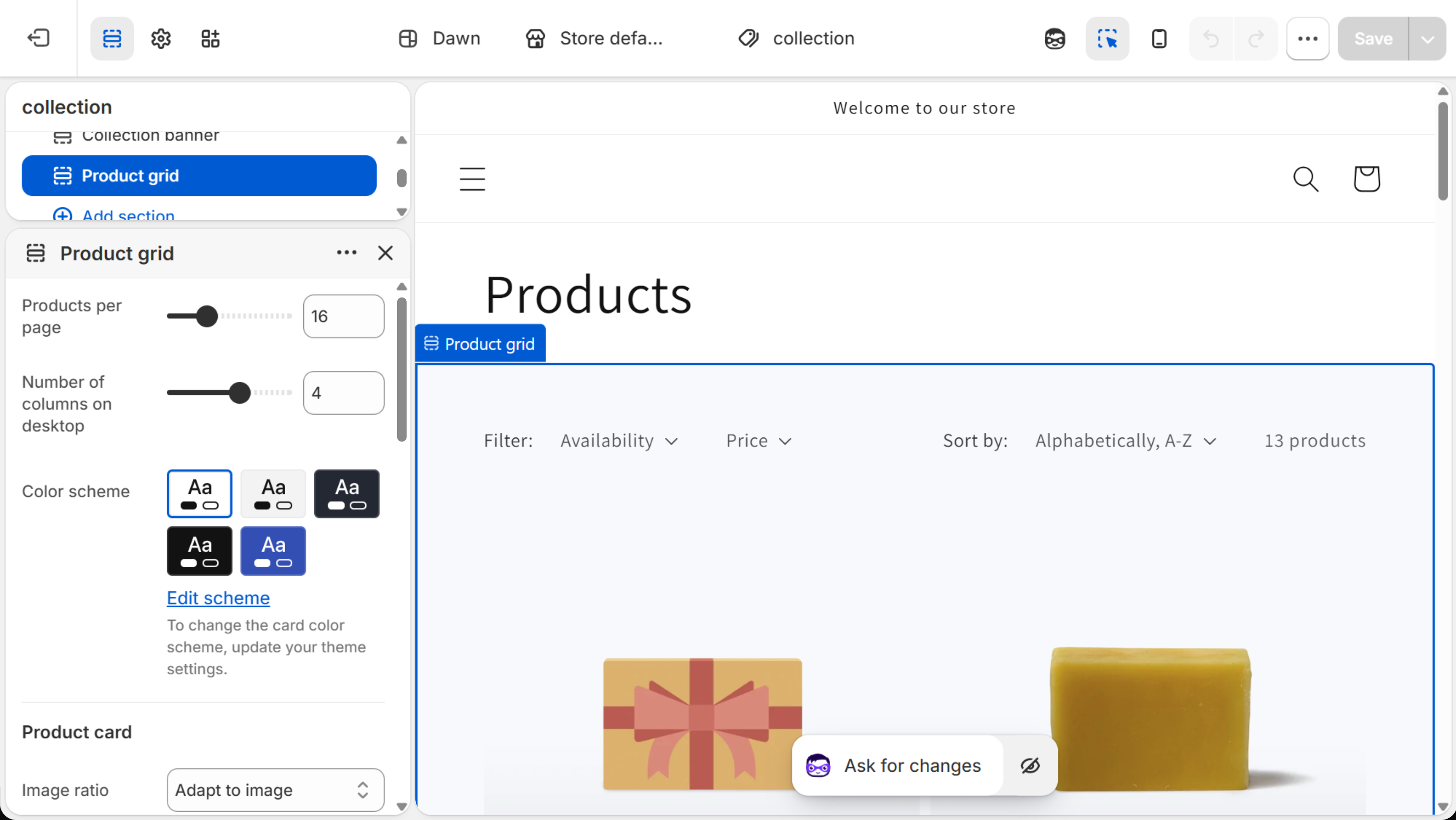 The theme editor for Dawn on the collection template, with the Product grid section open and its Products per page slider set to 16