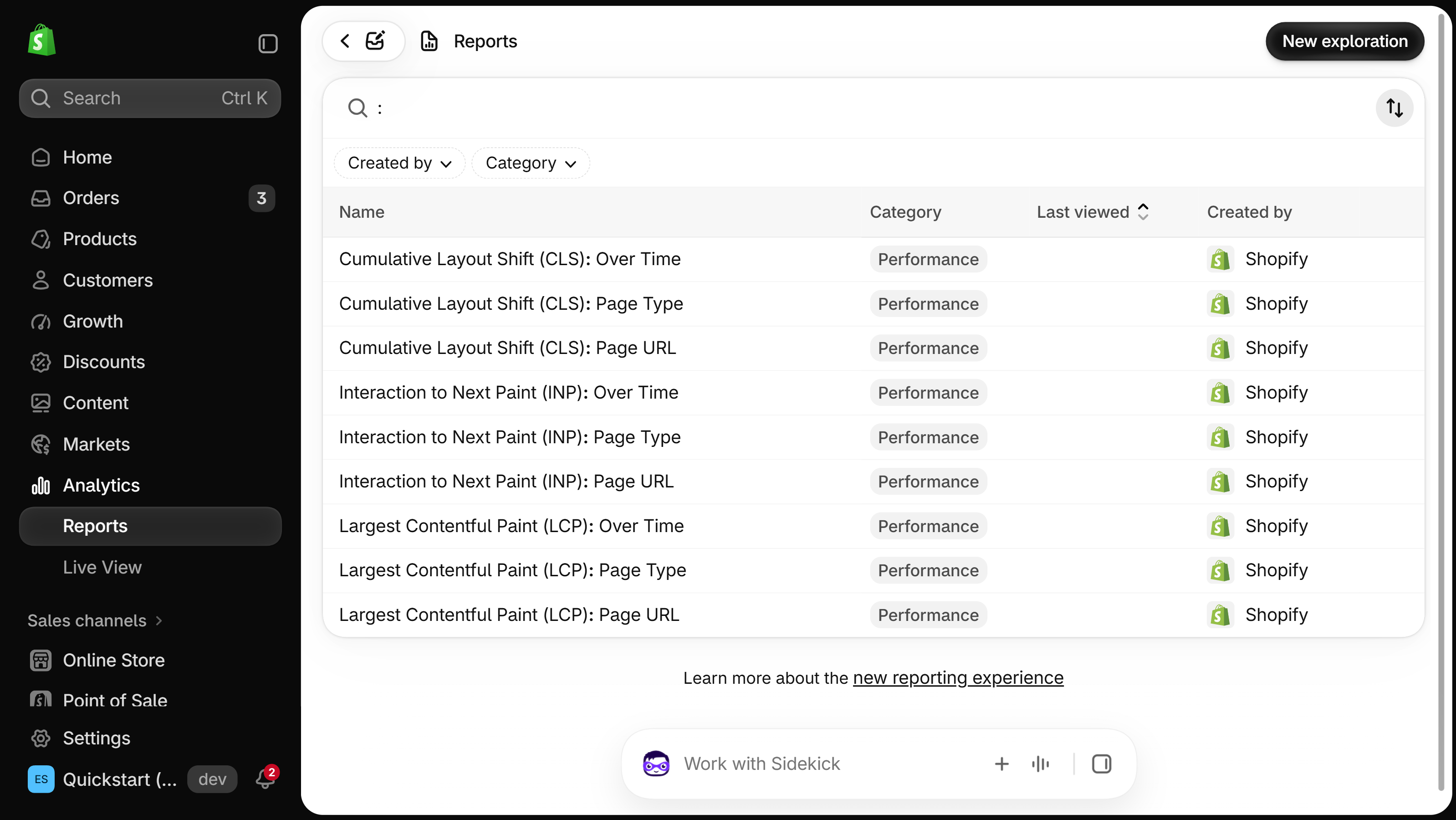 Analytics > Reports in the Shopify admin with a colon typed into the search, listing nine Performance reports: Over Time, Page Type and Page URL for each of CLS, INP and LCP