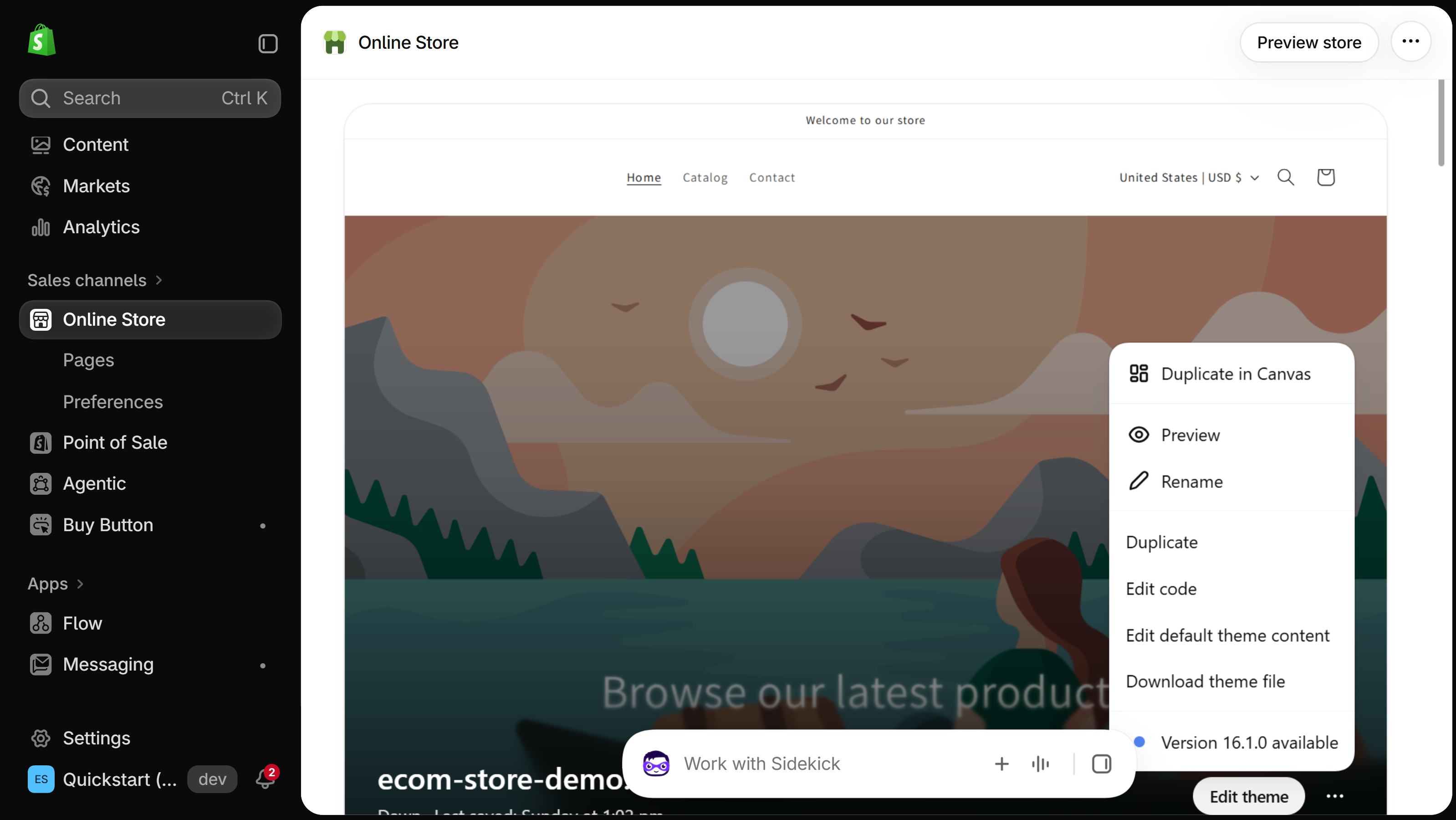 The Online Store page in the Shopify admin with the current theme's actions menu open, listing Duplicate in Canvas, Preview, Rename, Duplicate, Edit code, Edit default theme content and Download theme file
