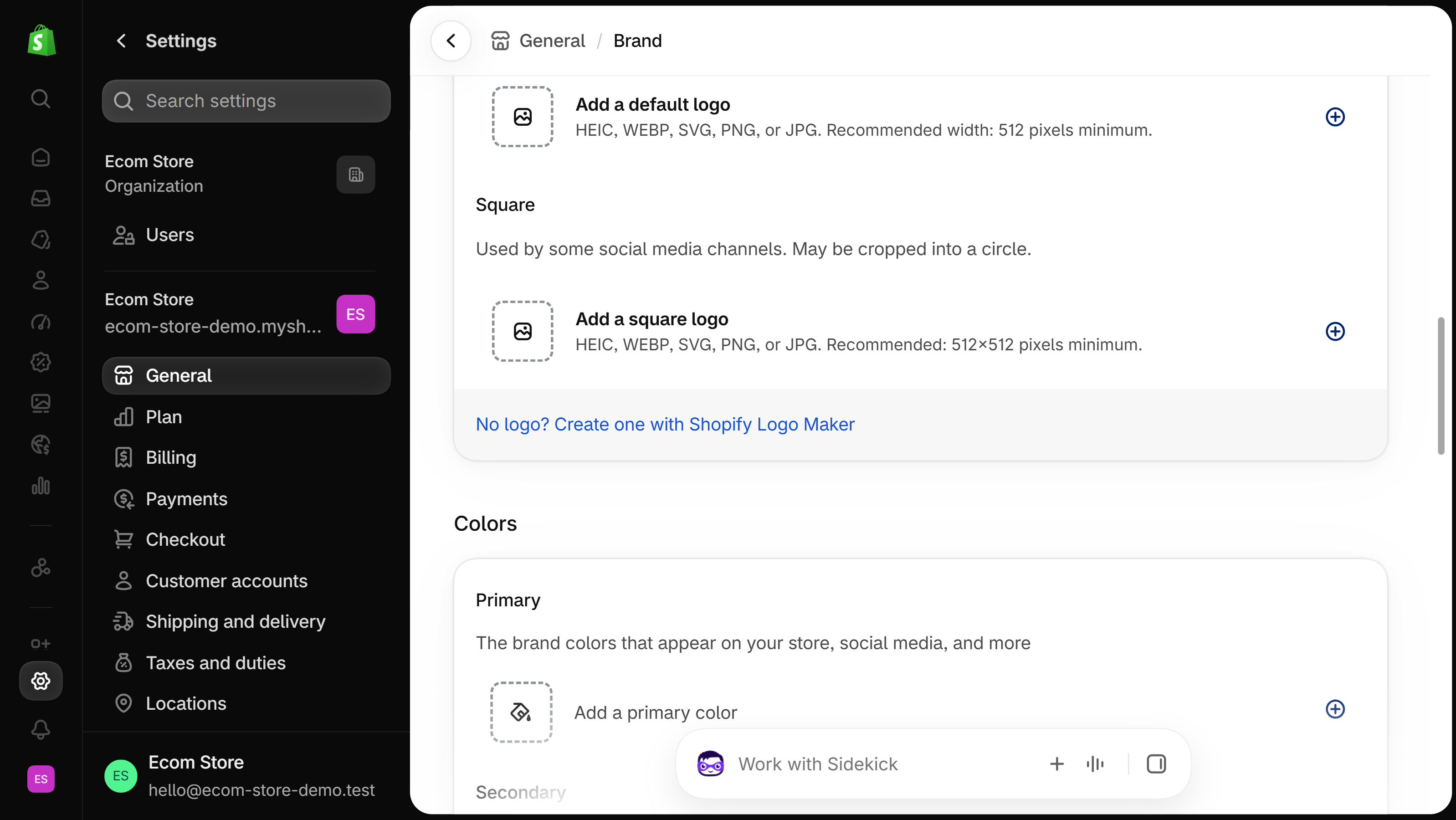 Shopify admin Settings > General > Brand page with the Default and Square logo slots, their format hints and a link to Shopify Logo Maker