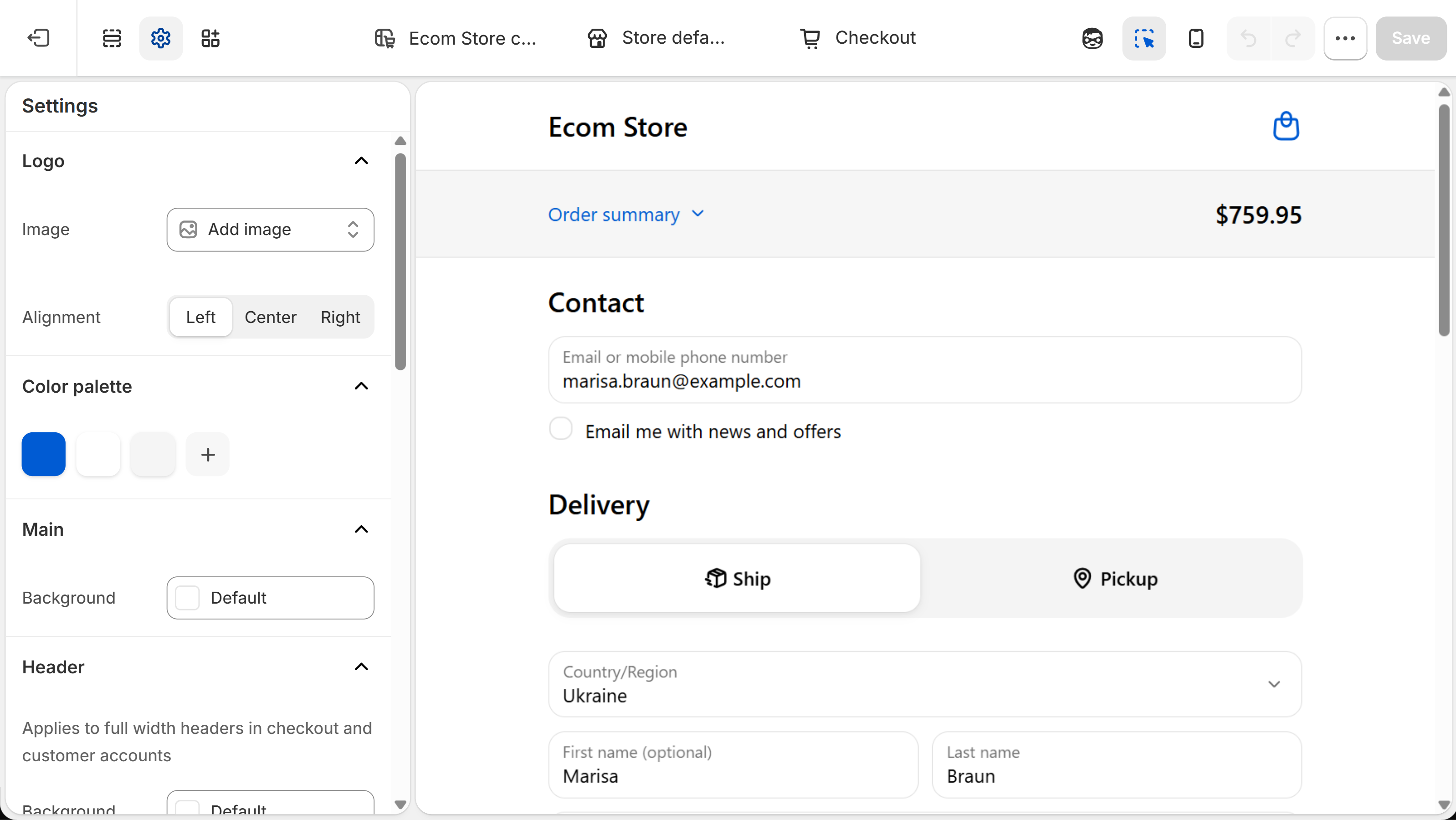 Shopify checkout editor with the Settings panel open at Logo, showing an Add image button and Left, Center and Right alignment