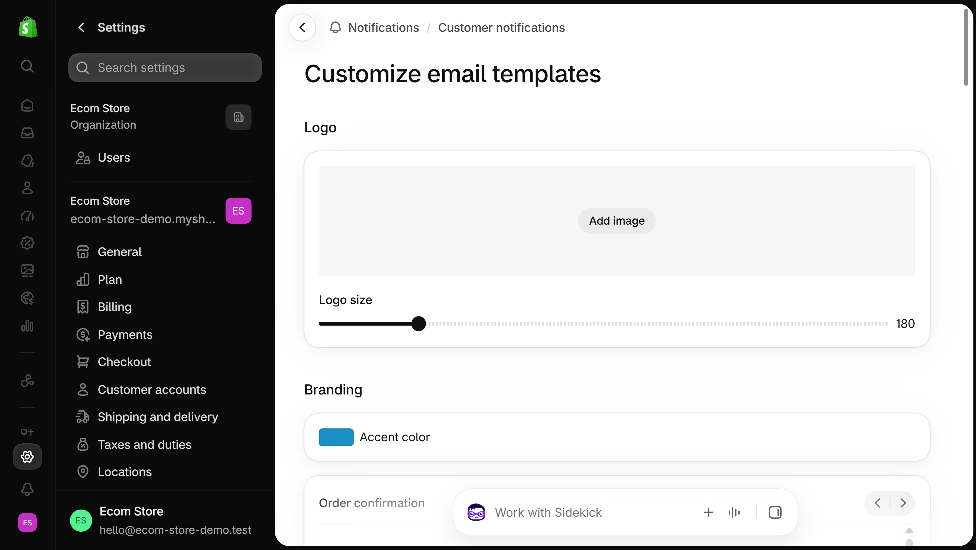 Shopify admin Customize email templates page with a Logo section holding an Add image button and a Logo size slider, above a Branding section with Accent color