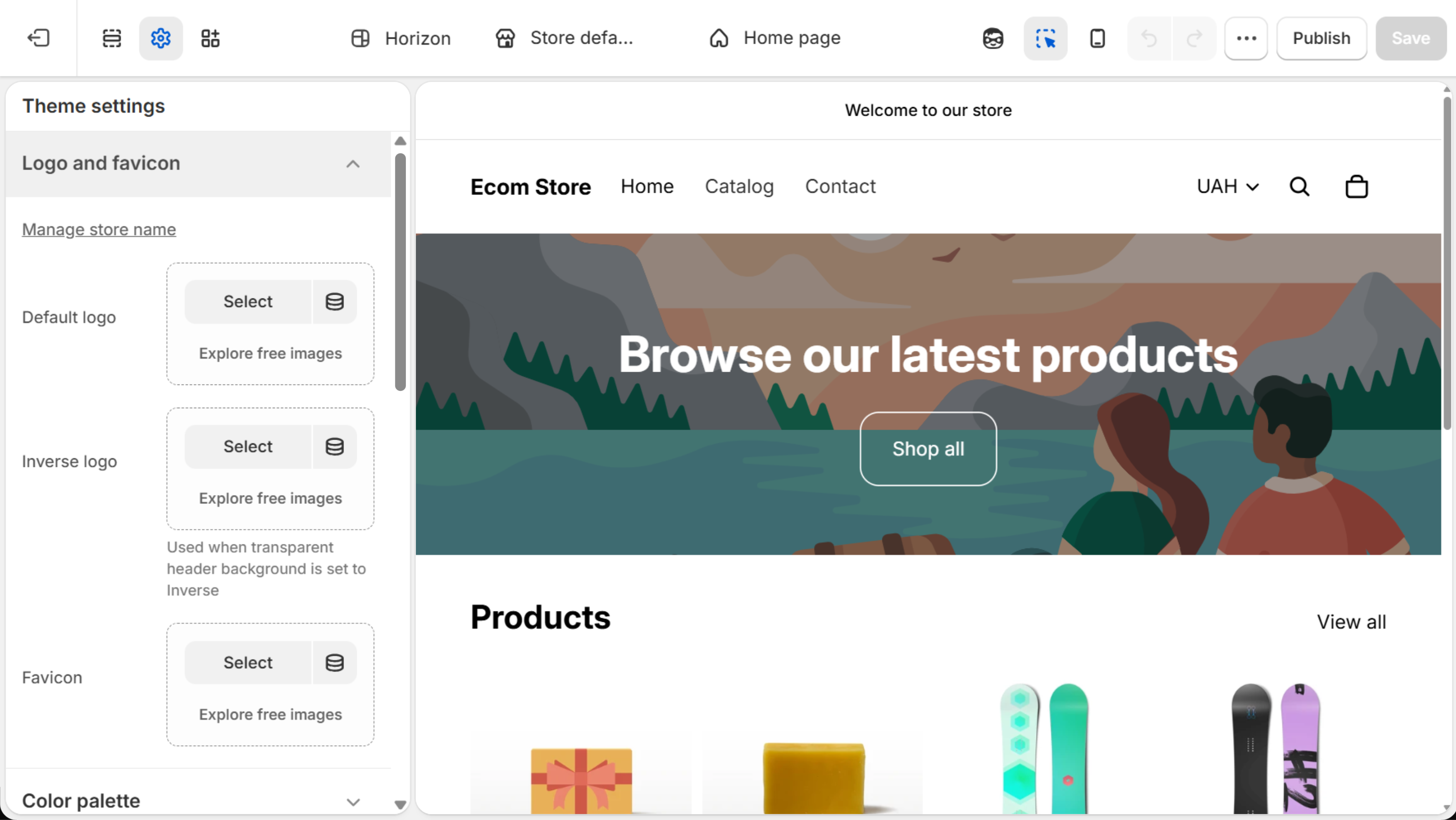 Horizon theme editor with Theme settings open at the Logo and favicon group, showing Default logo, Inverse logo and Favicon image pickers