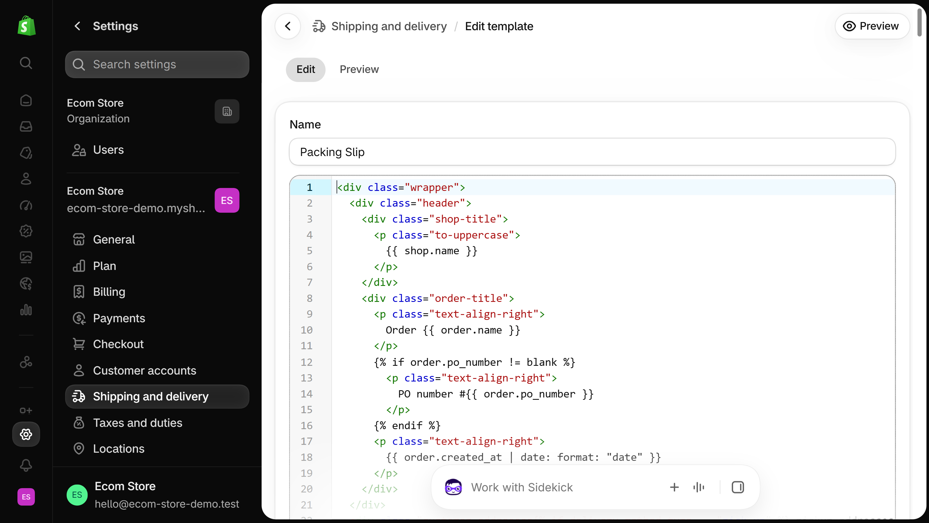 Shopify admin packing slip template open in the code editor, with the template header printing the shop name