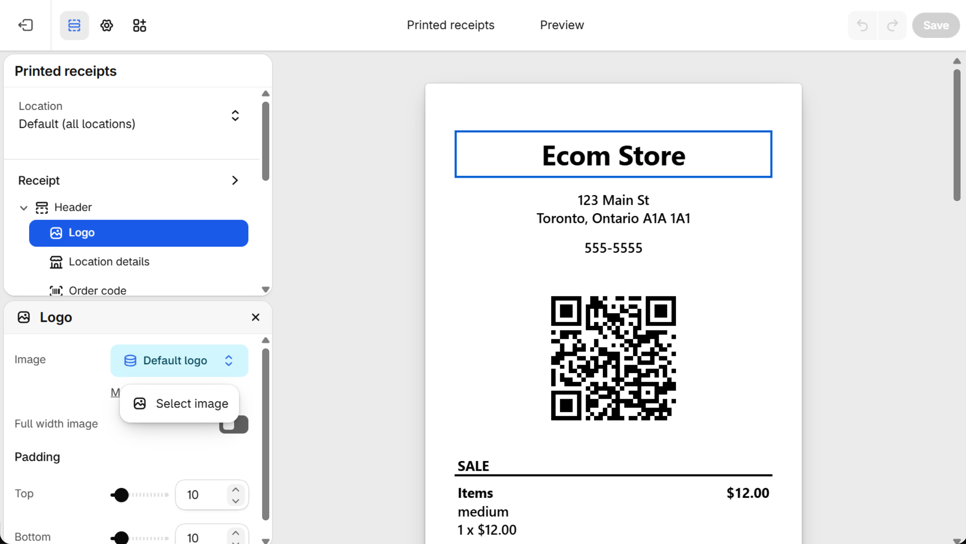 POS printed receipts editor with the Logo block selected; the Image field shows Default logo and its menu lists Select image.