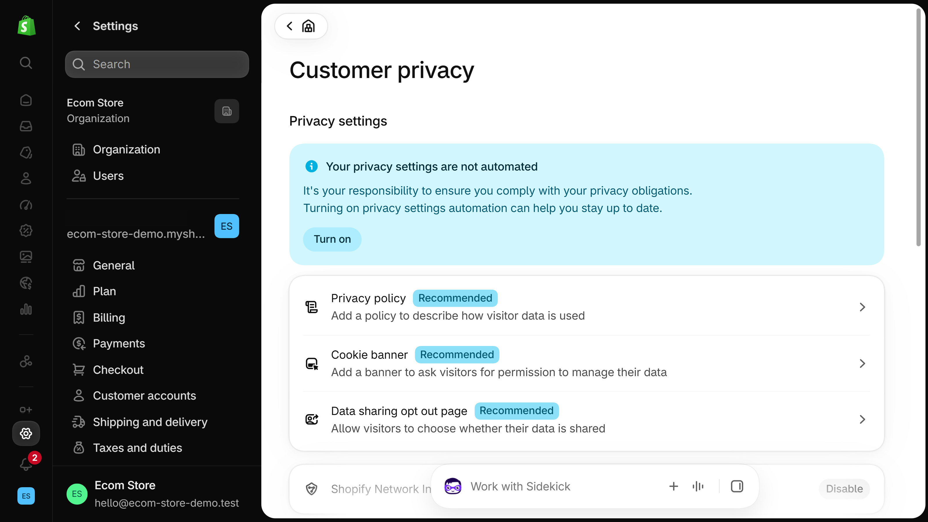 Shopify admin Customer privacy page: a notice that privacy settings are not automated with a Turn on button, above Privacy policy, Cookie banner and Data sharing opt out page, each marked Recommended