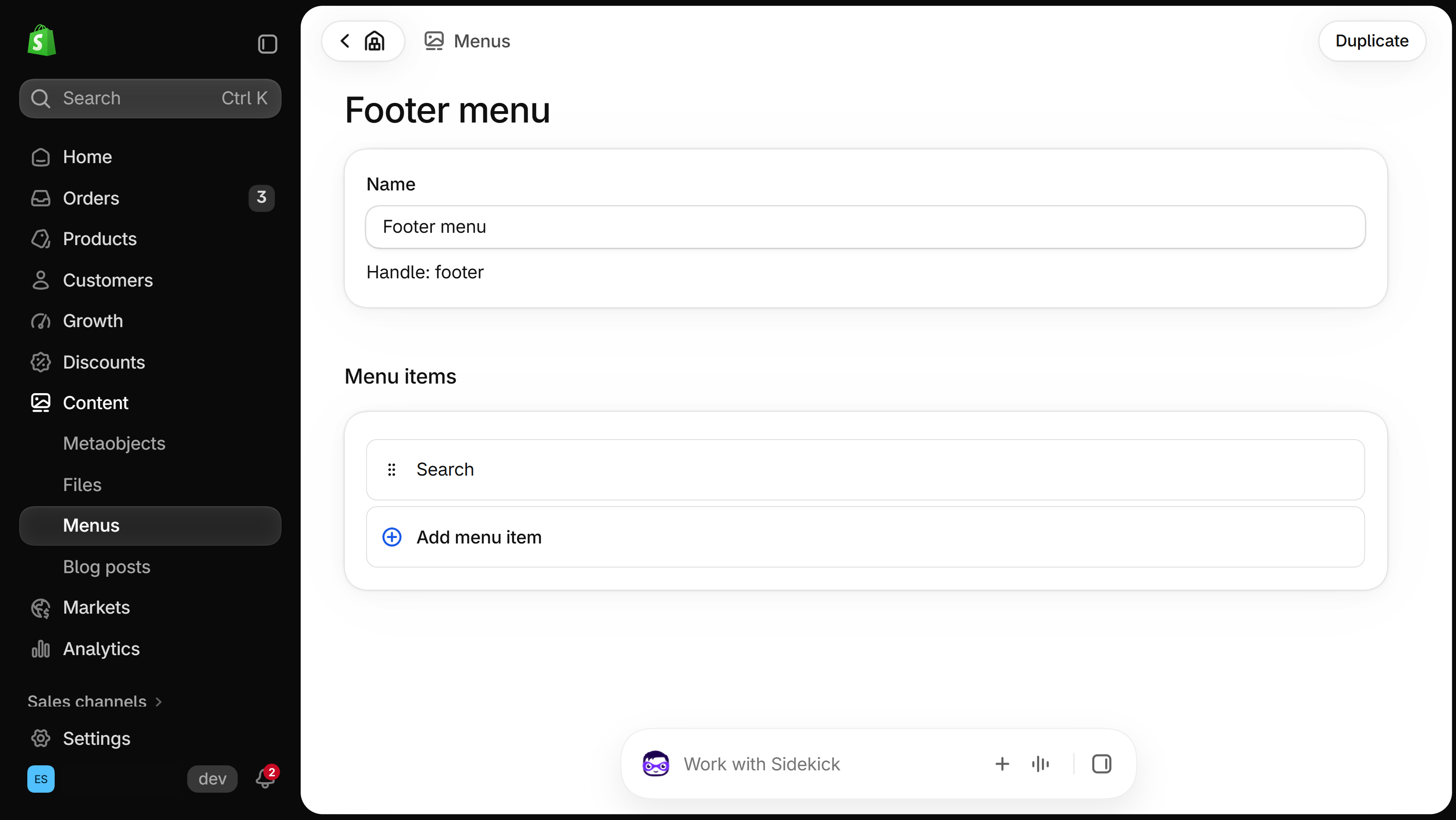 Shopify admin Footer menu page under Content, Menus: the menu name with its handle footer, one Search menu item and an Add menu item button