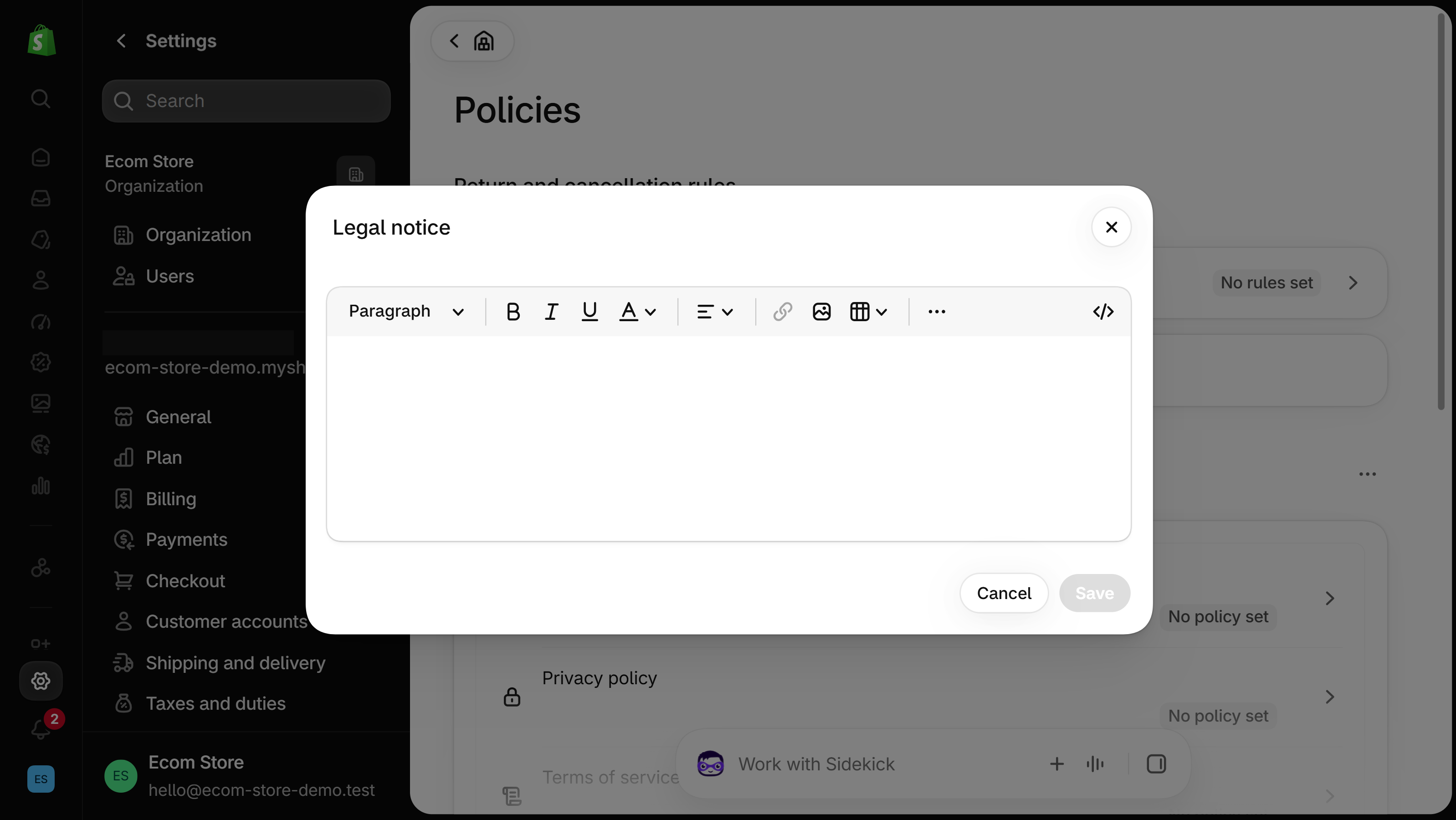Shopify admin Settings, Policies page with the Legal notice dialog open: an empty rich text editor with Cancel and Save buttons and no Use automated policy switch above it