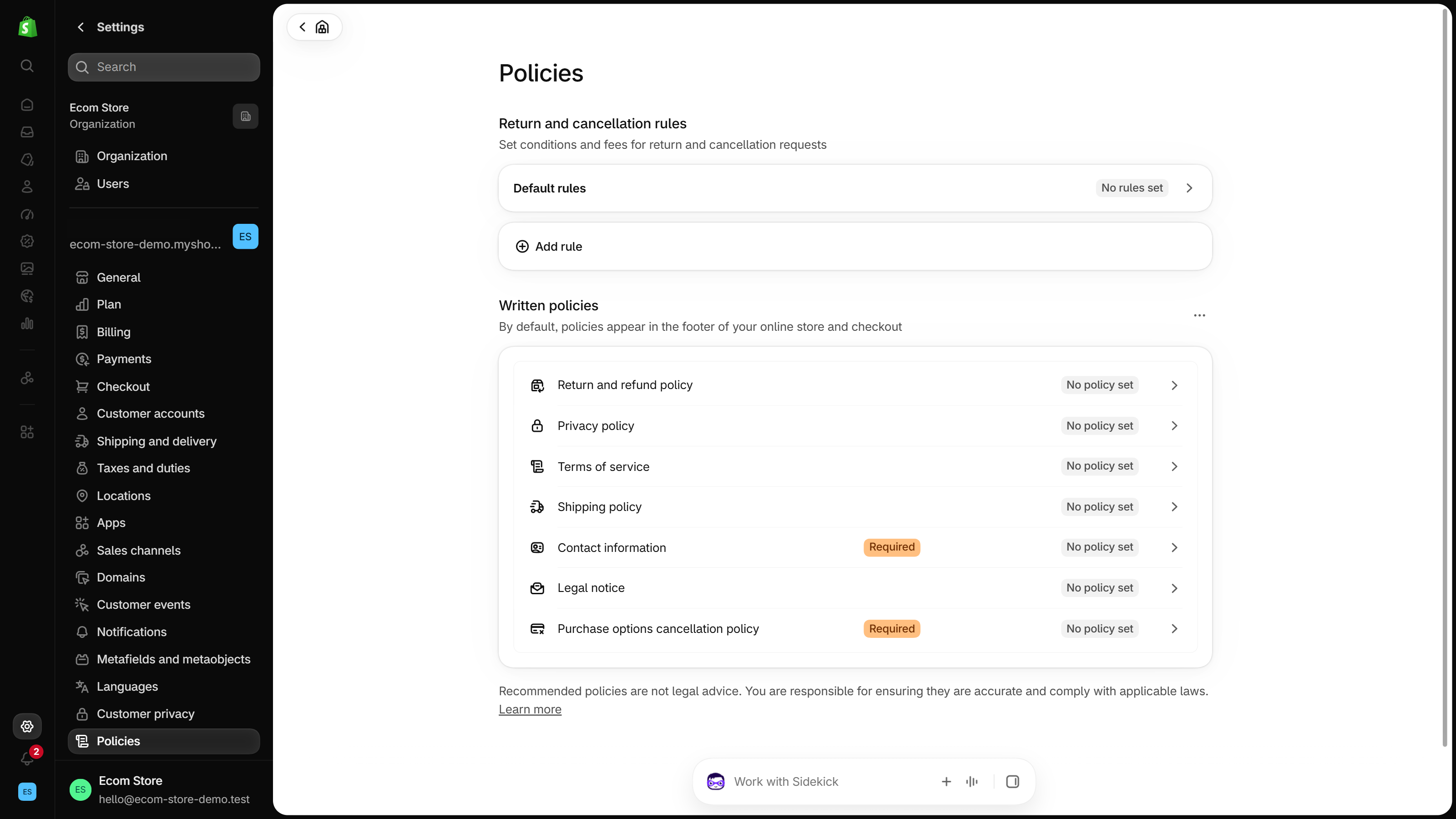 Shopify admin Settings, Policies page: Return and cancellation rules with Default rules at the top, then a Written policies list of seven policies, each marked No policy set