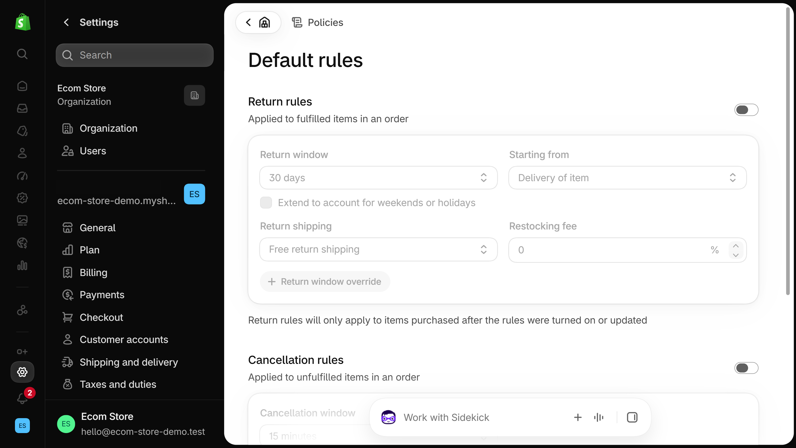 Shopify admin Default rules page under Settings, Policies: Return rules with fields for the return window, its starting point, return shipping and a restocking fee, greyed out while the rules are off, and Cancellation rules below