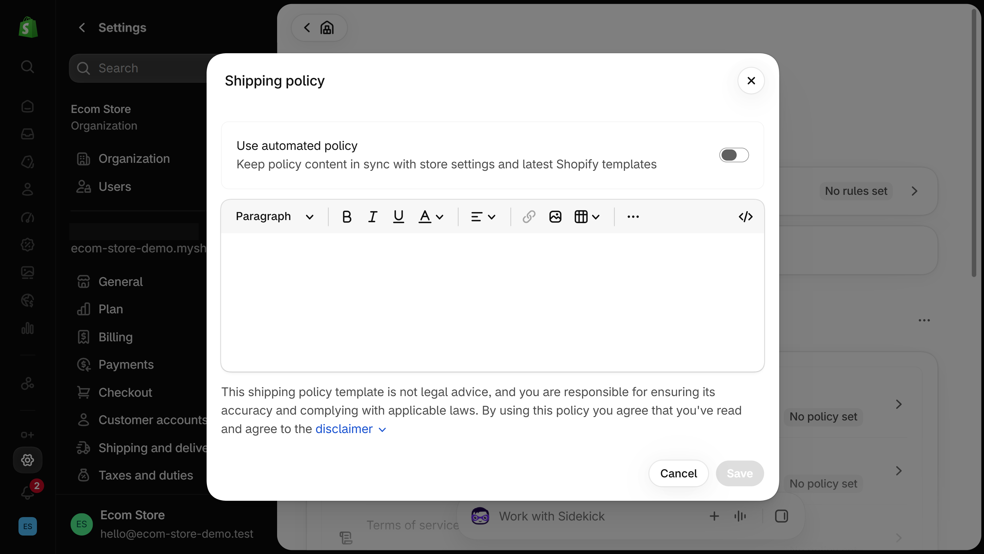 Shopify admin Shipping policy dialog in Settings, Policies: the Use automated policy switch, turned off, above an empty rich text editor, a template disclaimer, and Cancel and Save buttons