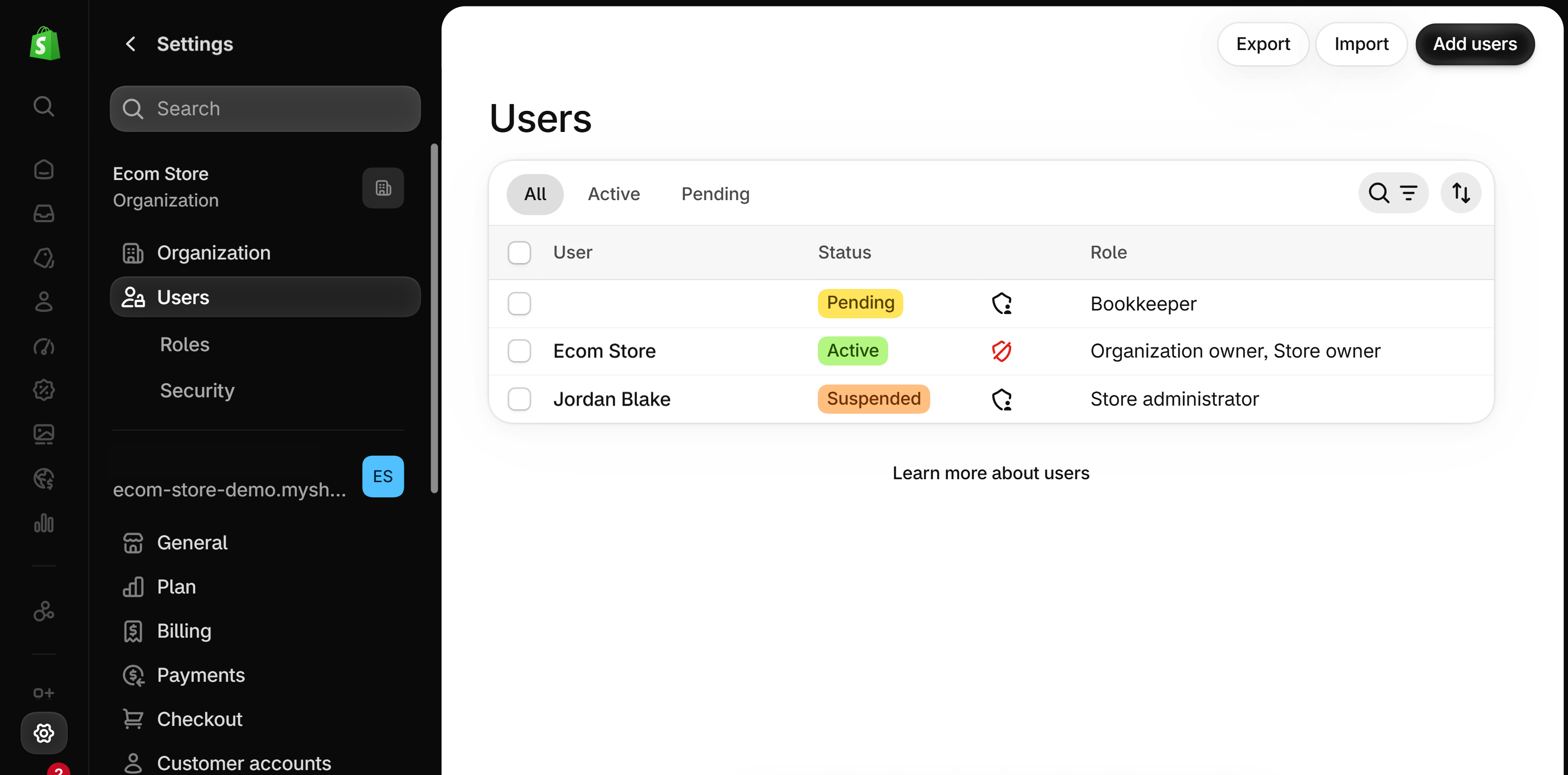 Shopify Settings, Users page: a table of users with columns for user, status and role — the store owner active, one staff member suspended and one invited user pending