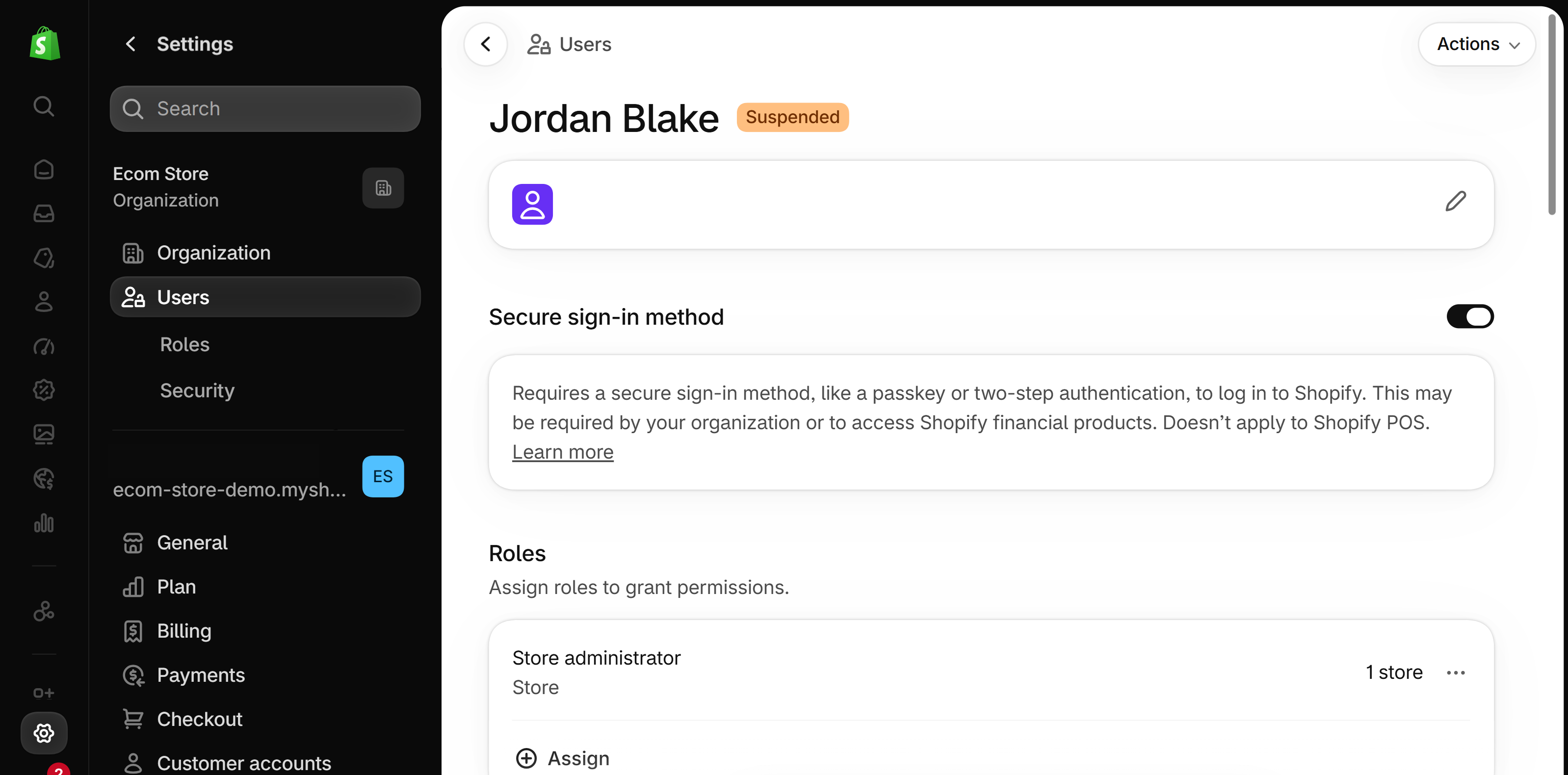 A staff member's user page in Shopify Settings, Users, with the Secure sign-in method switch turned on and its description, above the Roles section
