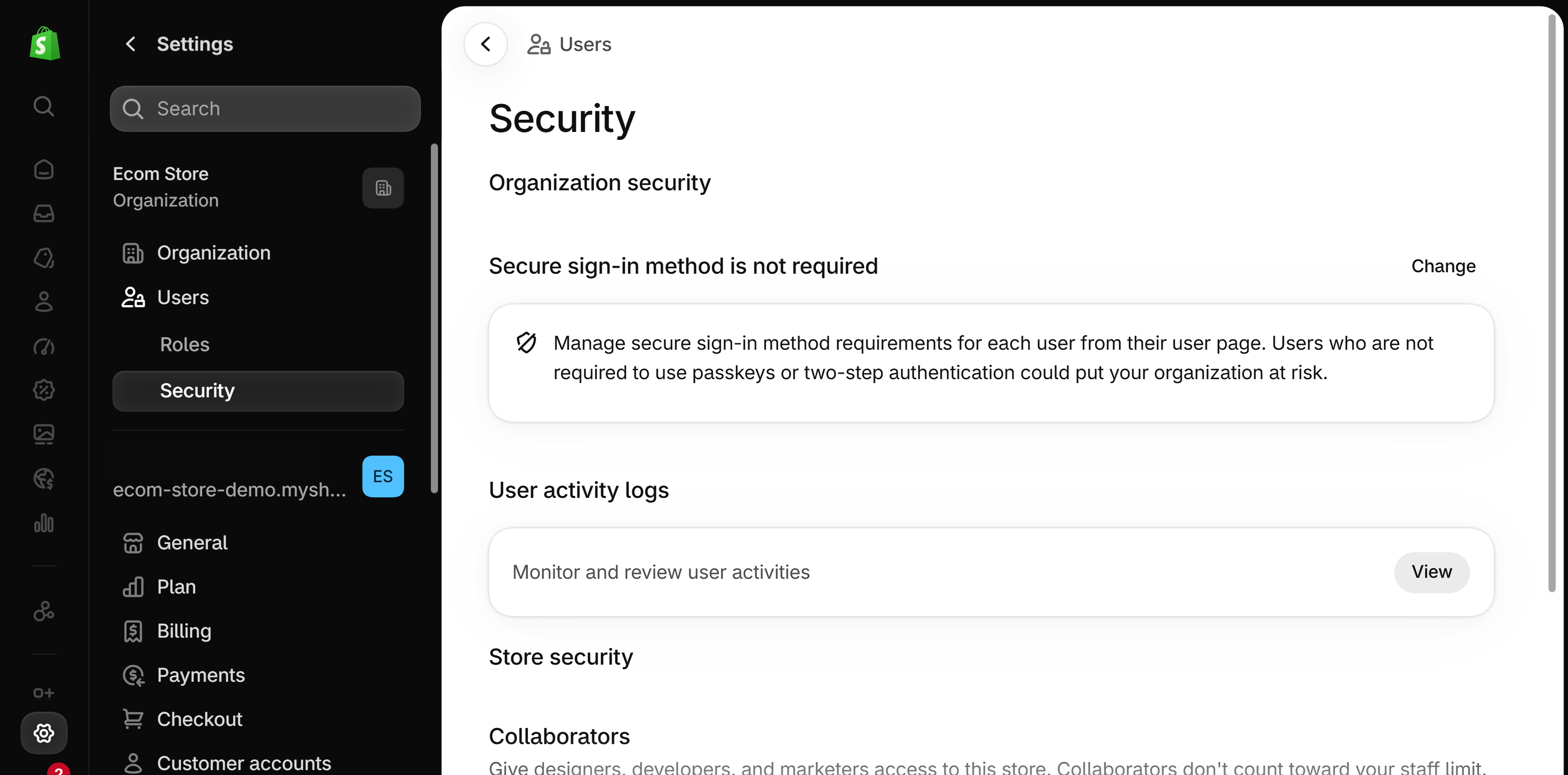 Shopify Settings, Users, Security page: the Organization security block reads Secure sign-in method is not required, with a Change link and a note about per-user requirements
