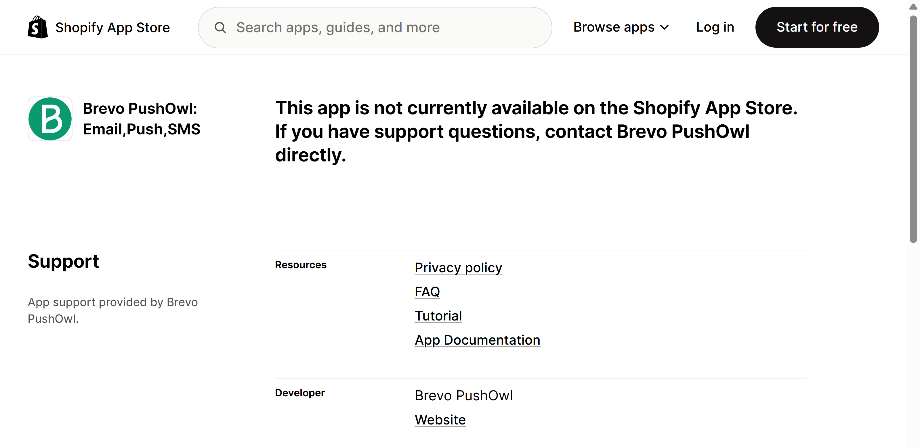 Shopify App Store page for Brevo PushOwl: Email,Push,SMS with a banner saying the app is not currently available on the Shopify App Store and to contact Brevo PushOwl directly, above the Support, Resources and Developer blocks