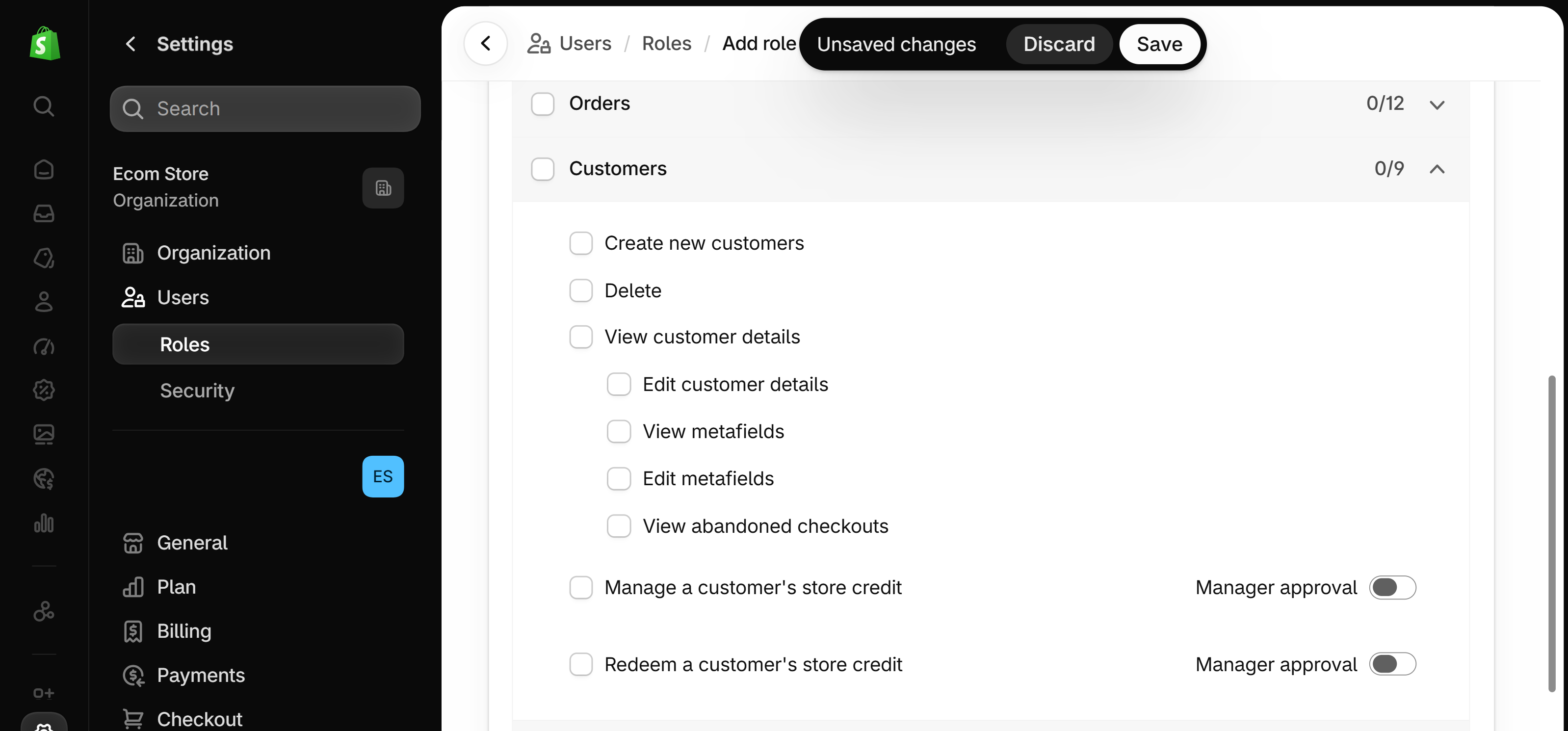 Shopify admin Add role form with the Customers group open: Create new customers, Delete, View customer details with Edit customer details, View metafields, Edit metafields and View abandoned checkouts nested under it, and two store credit permissions; all boxes unchecked
