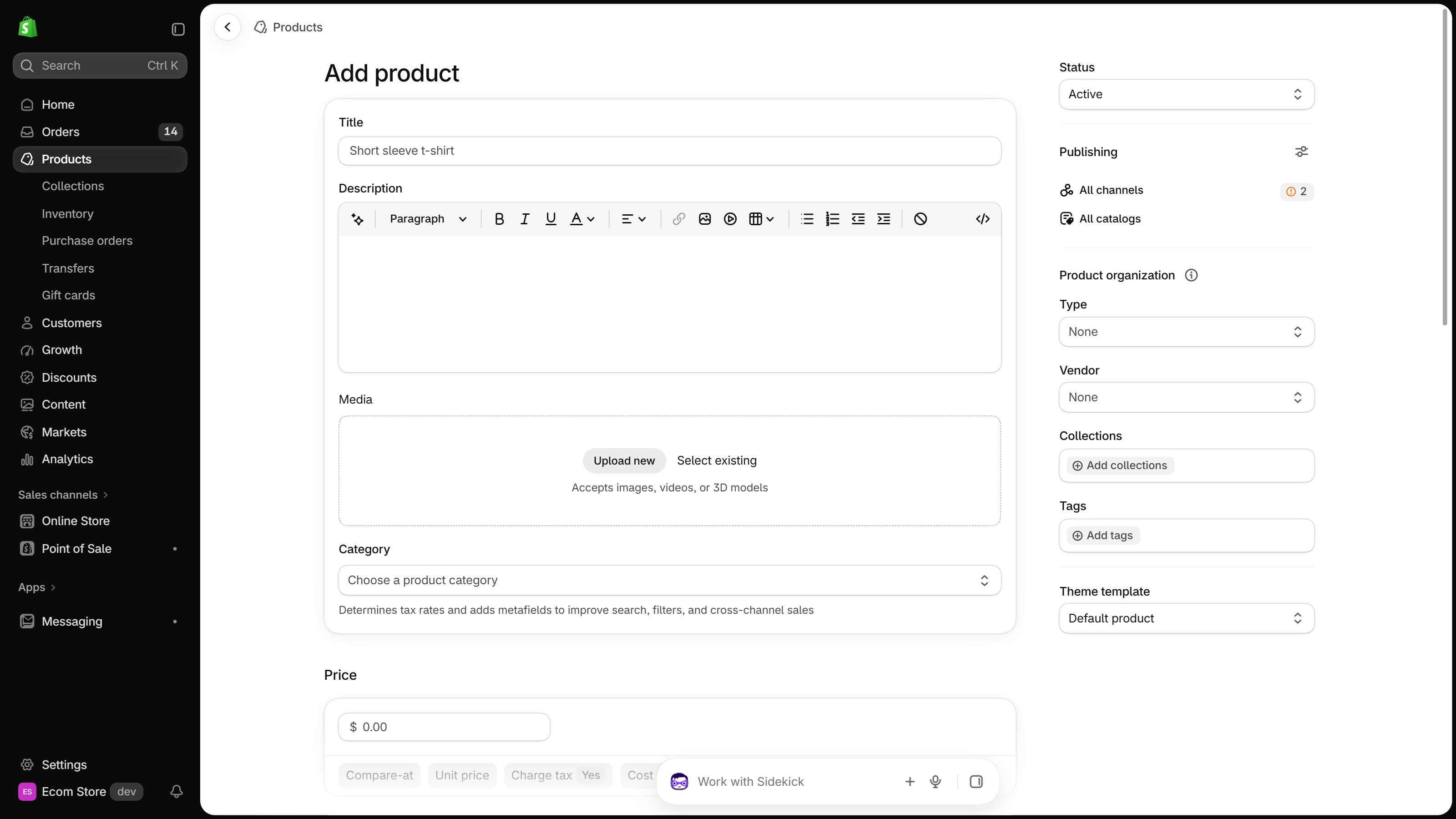 Add product page in the Shopify admin with Title, Description, Media and Category cards; at the bottom of the Price card, a Charge tax chip set to Yes sits beside Compare-at, Unit price and Cost.