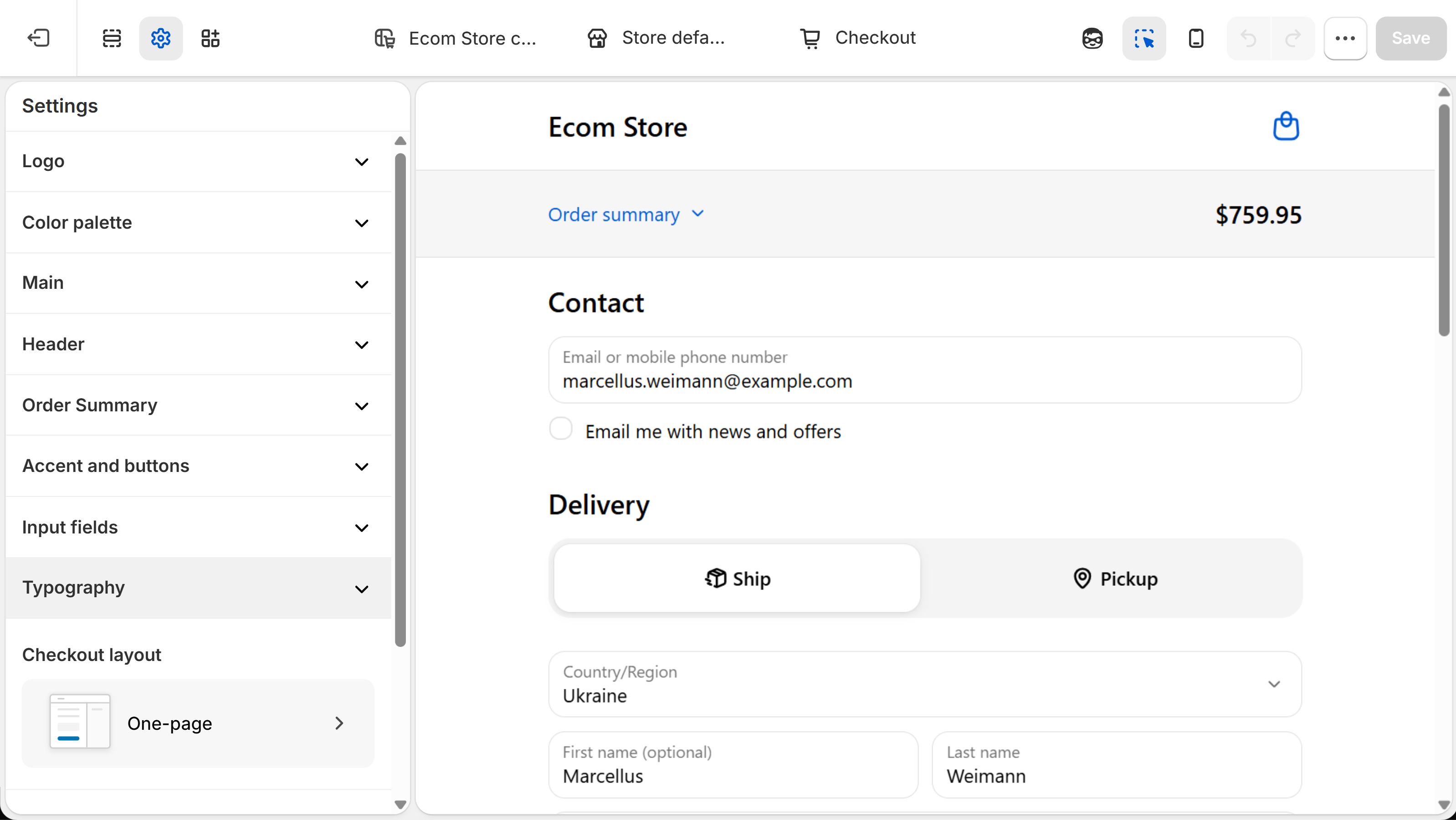 Shopify checkout editor with the Settings panel open: the Checkout layout section shows the current layout, One-page, as a card with an arrow, below collapsed panel sections