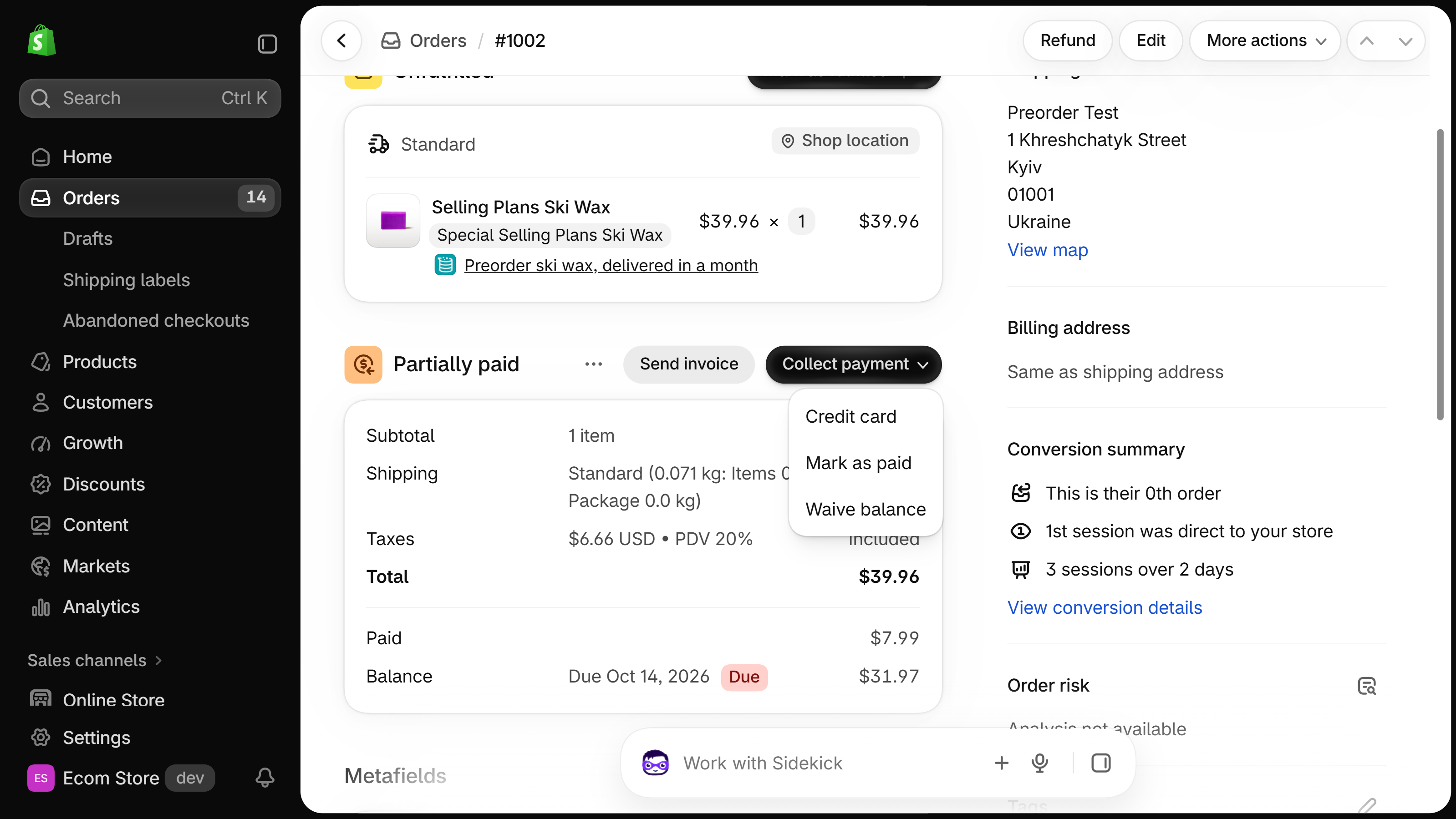 Order #1002 payment card showing a $31.97 balance due, with the Collect payment menu open to Credit card, Mark as paid and Waive balance.