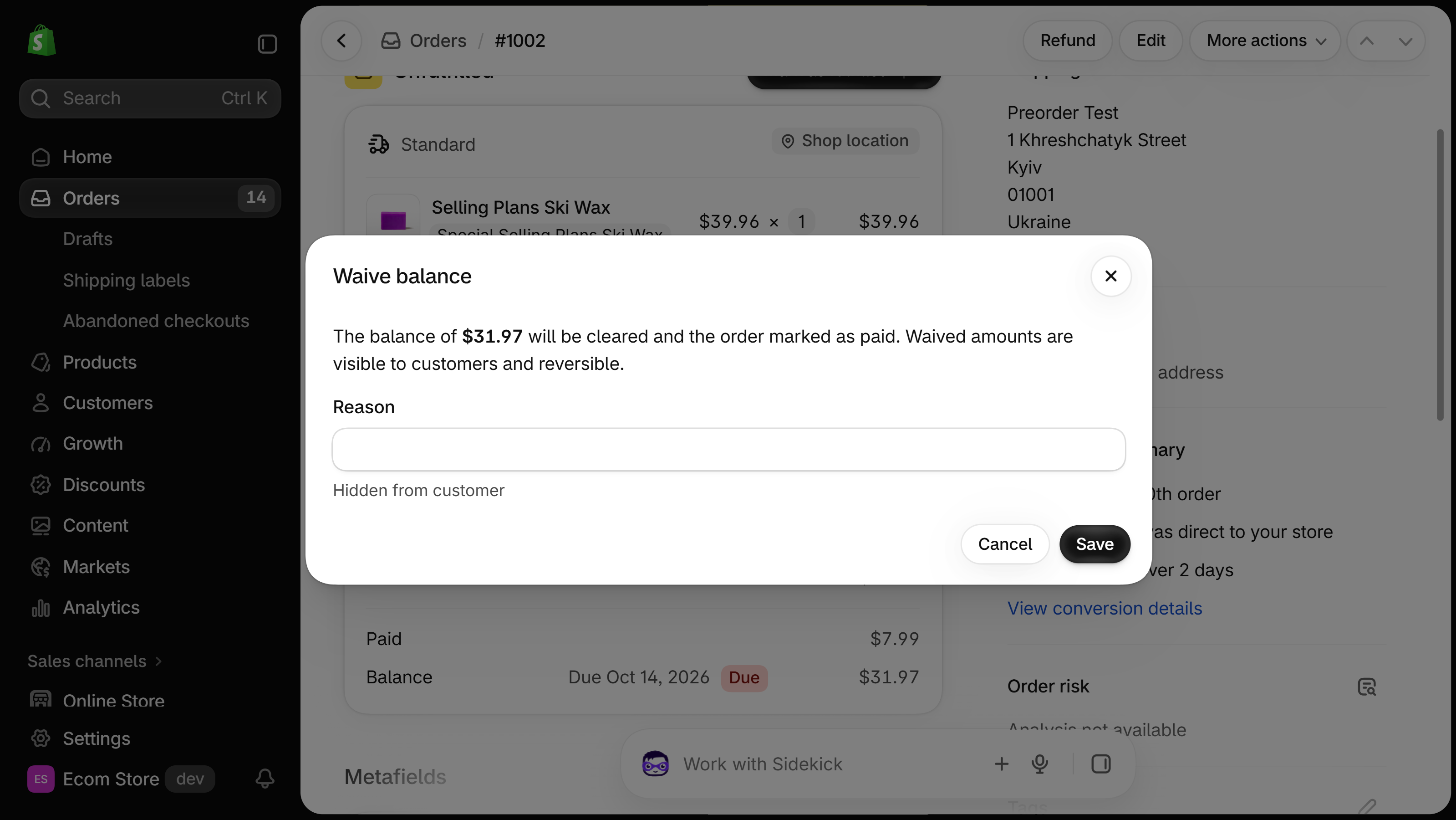 Waive balance dialog stating the $31.97 balance will be cleared, with a Reason field and Cancel and Save buttons.