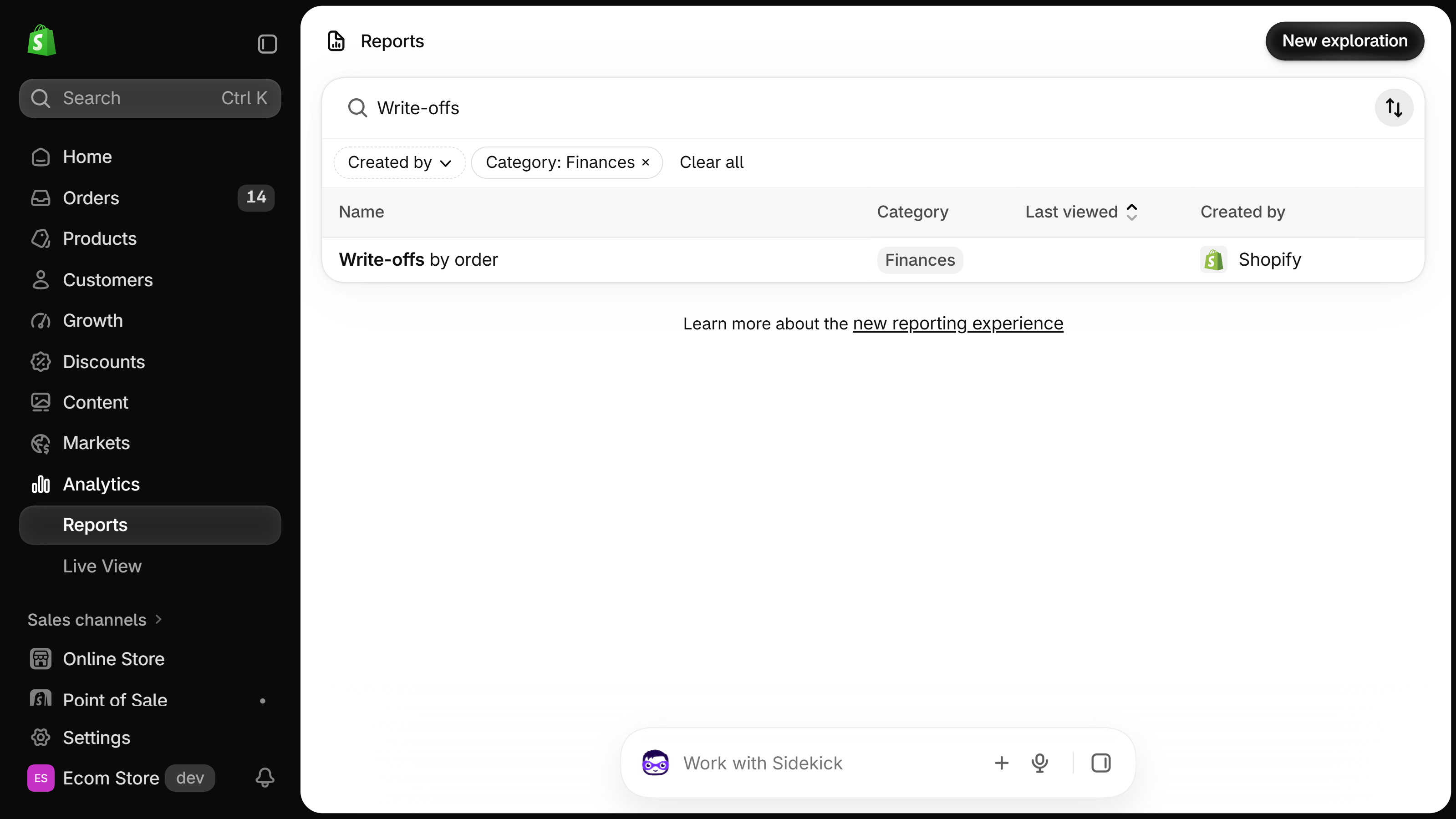 Reports list filtered to the Finances category showing the Write-offs by order report created by Shopify.