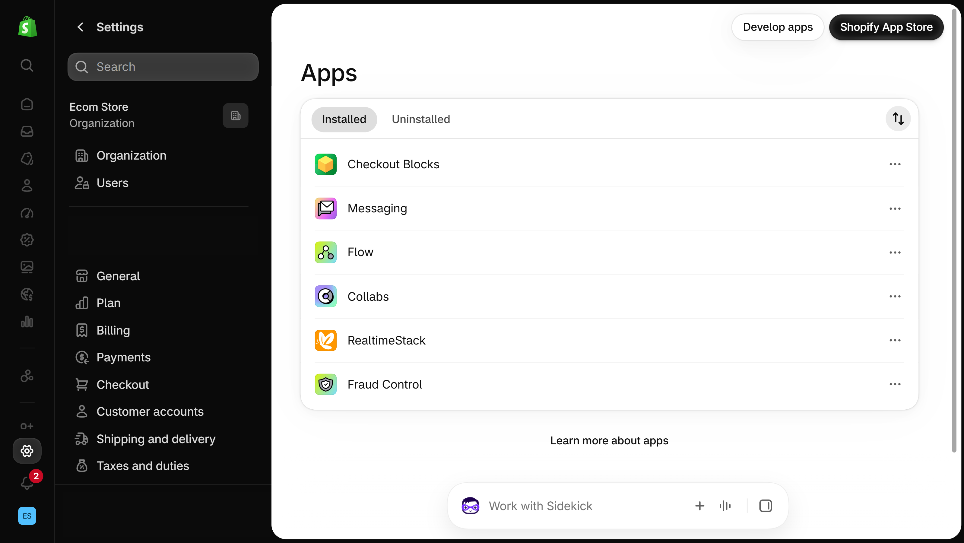 Settings > Apps in the Shopify admin with the Installed tab open: each installed app has its own row with a more-actions (three dots) menu on the right