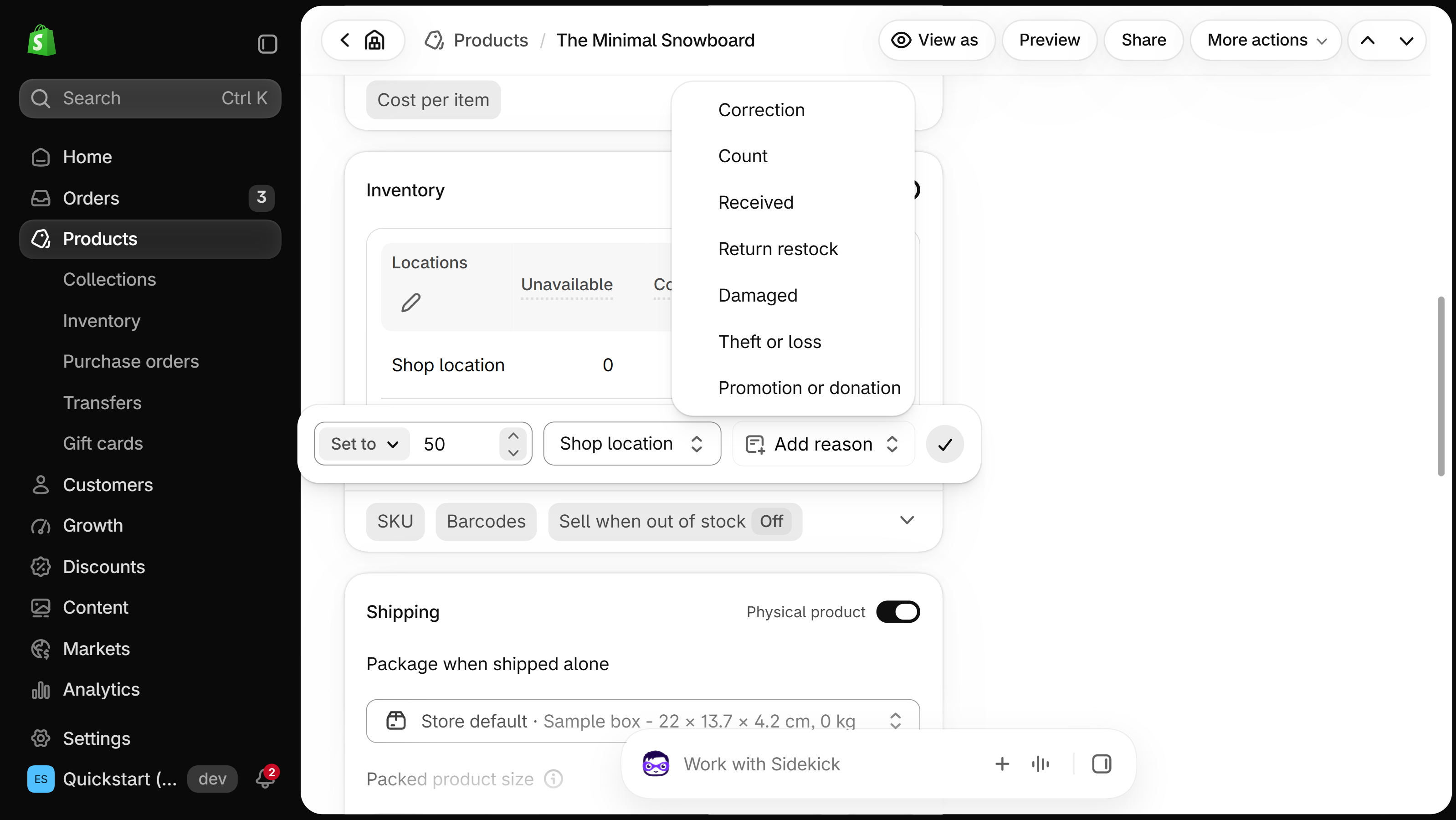 Shopify admin product page, Inventory card: a quantity popover set to 50 for Shop location with the reason list open, showing Correction, Count, Received, Return restock, Damaged, Theft or loss and Promotion or donation.