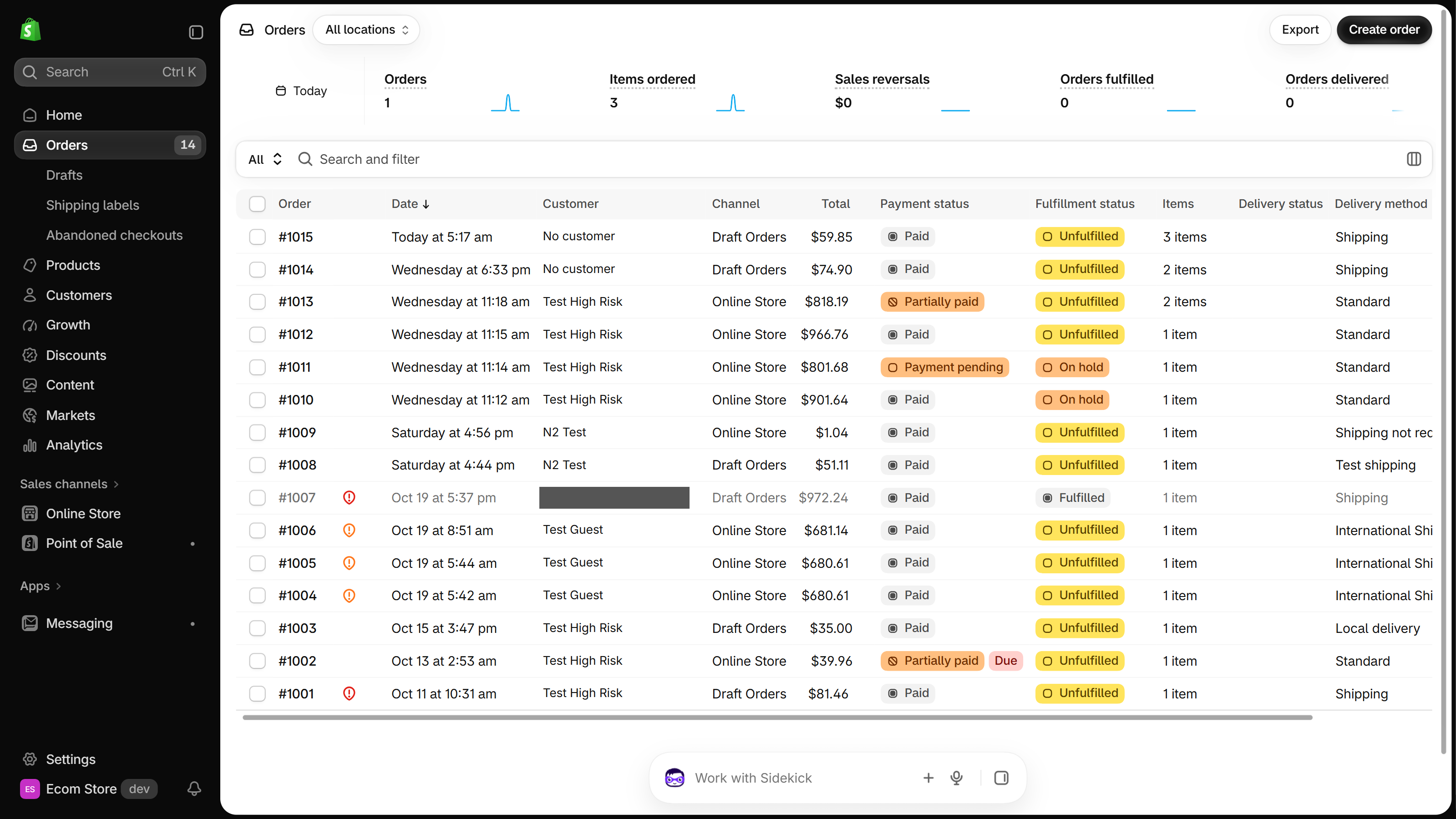 Shopify admin Orders list with Payment status and Fulfillment status columns showing several different values