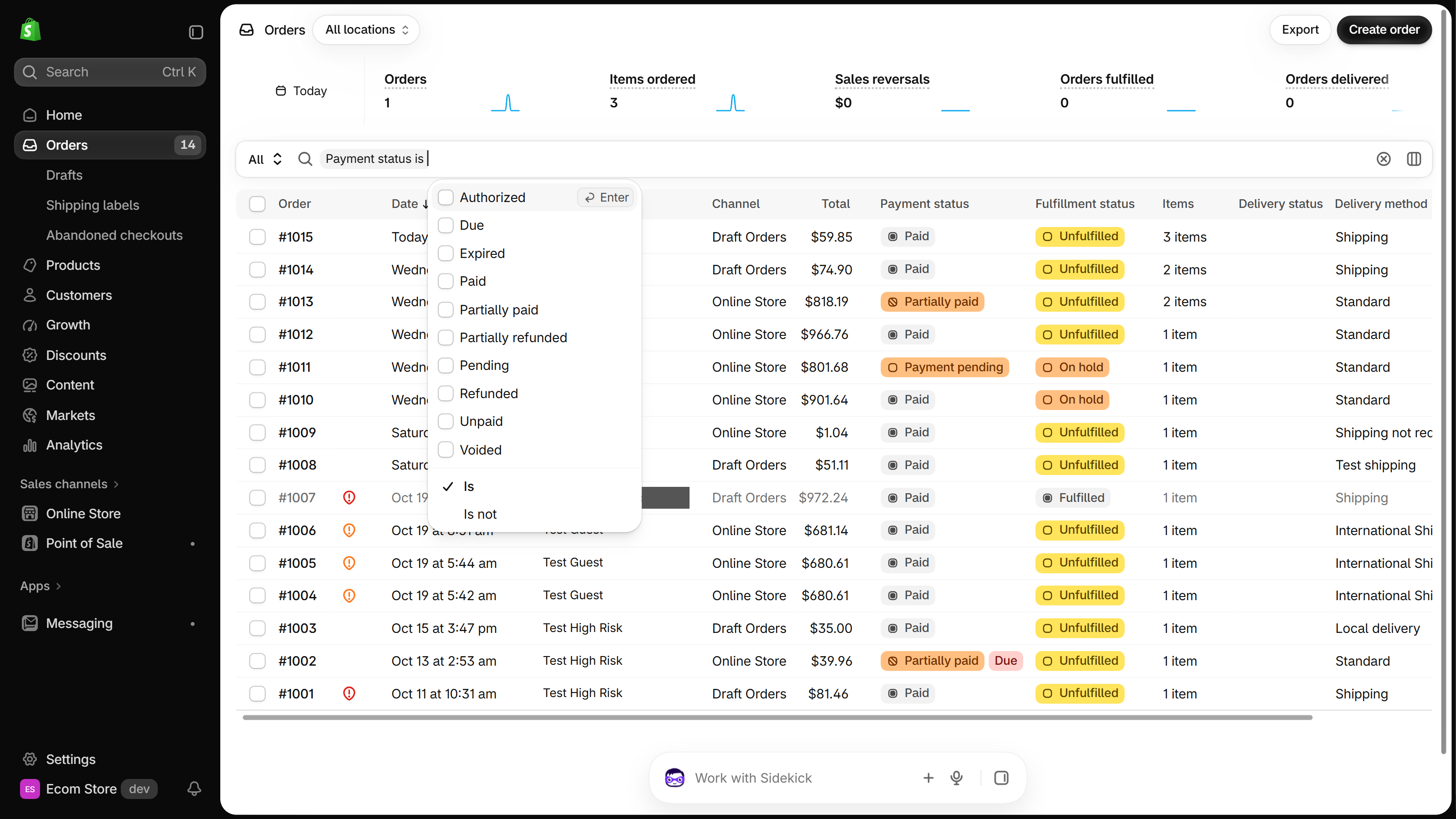 Orders list with the Payment status filter open showing its list of values