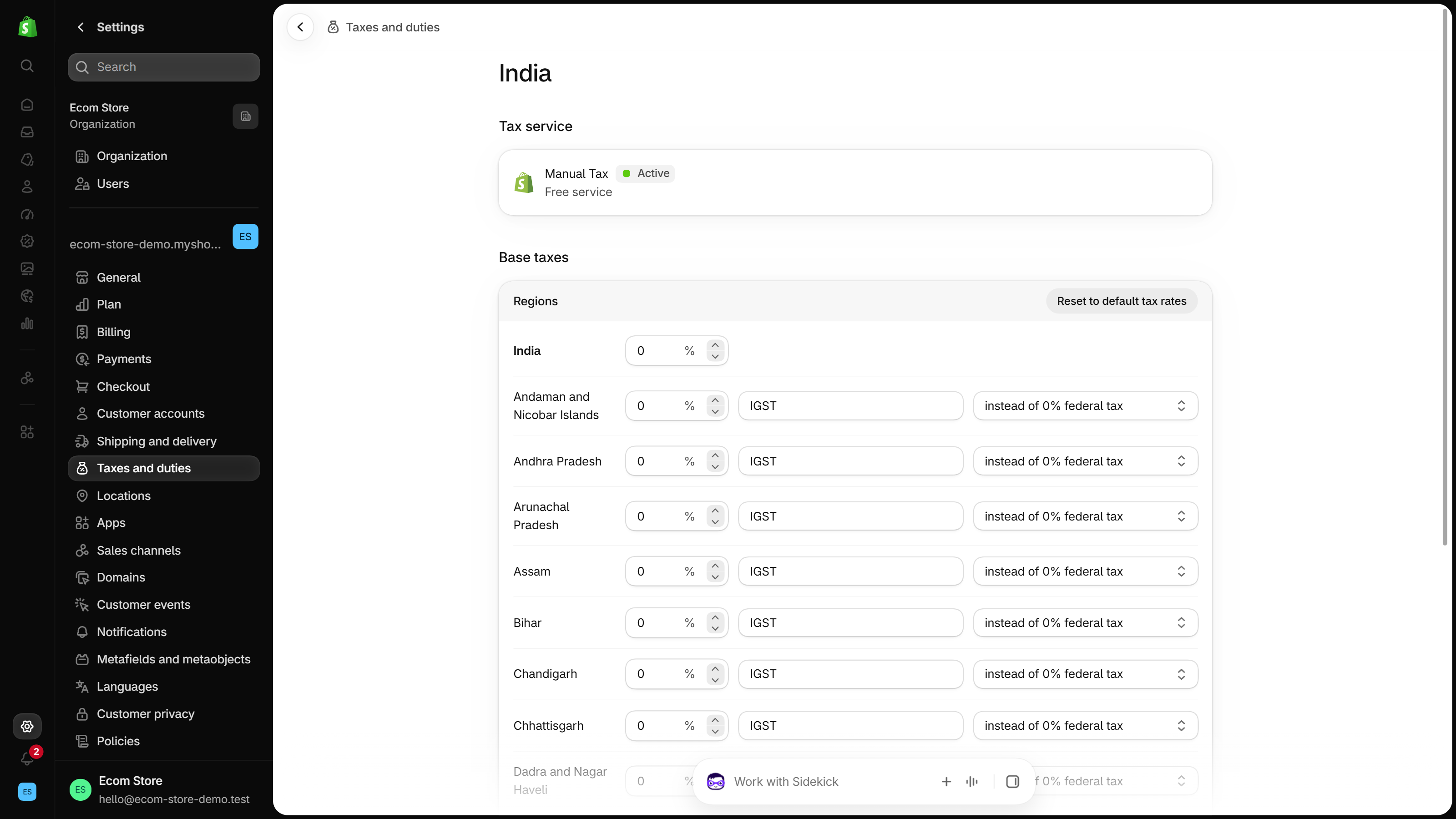 Shopify admin, Settings, Taxes and duties, India: Manual Tax base taxes with an India row, then region rows from Andaman and Nicobar Islands to Chhattisgarh, each showing the tax name IGST and instead of federal tax