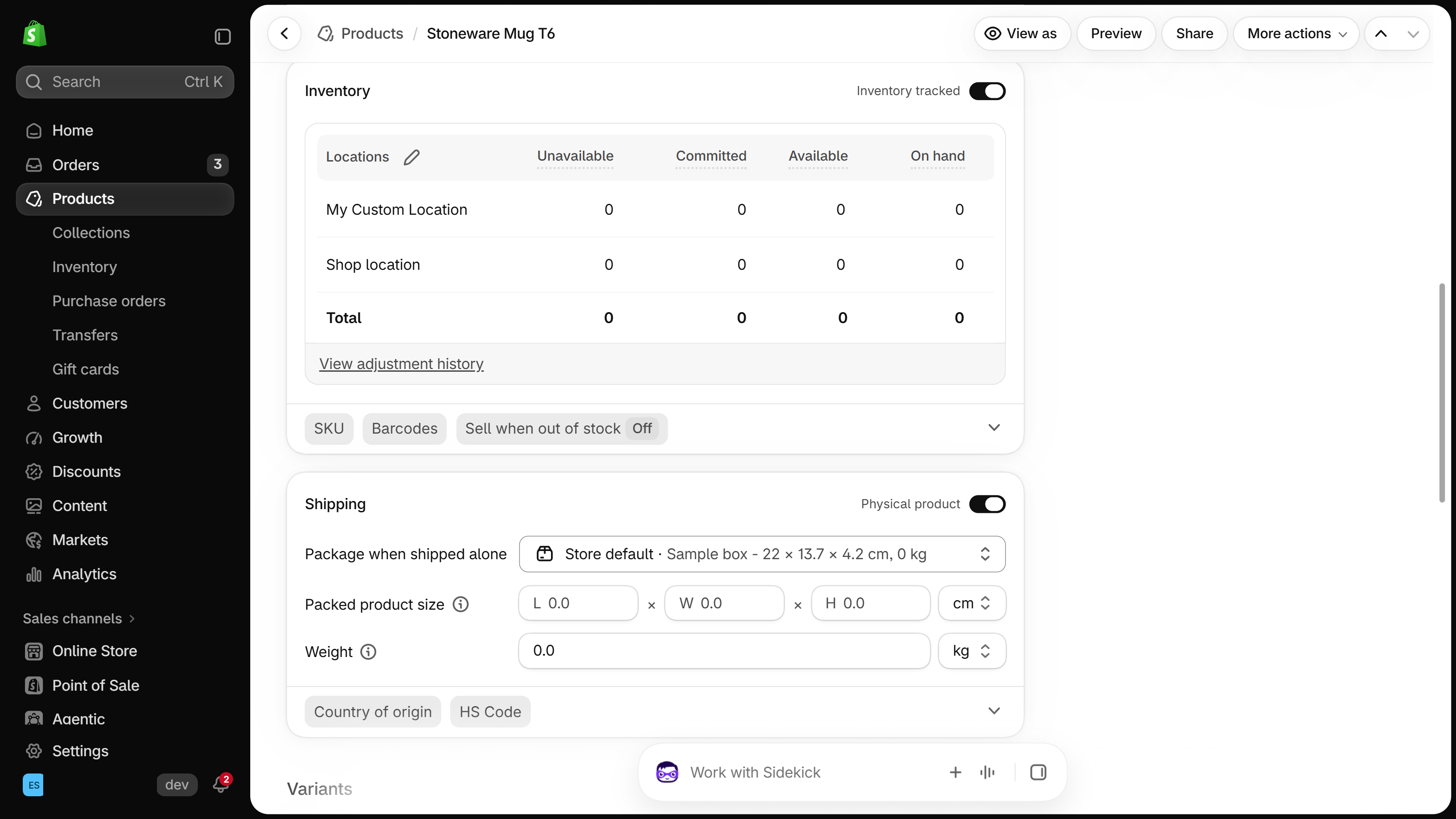 Product page Inventory section: Inventory tracked switched on, a location table, and a Sell when out of stock chip set to Off.