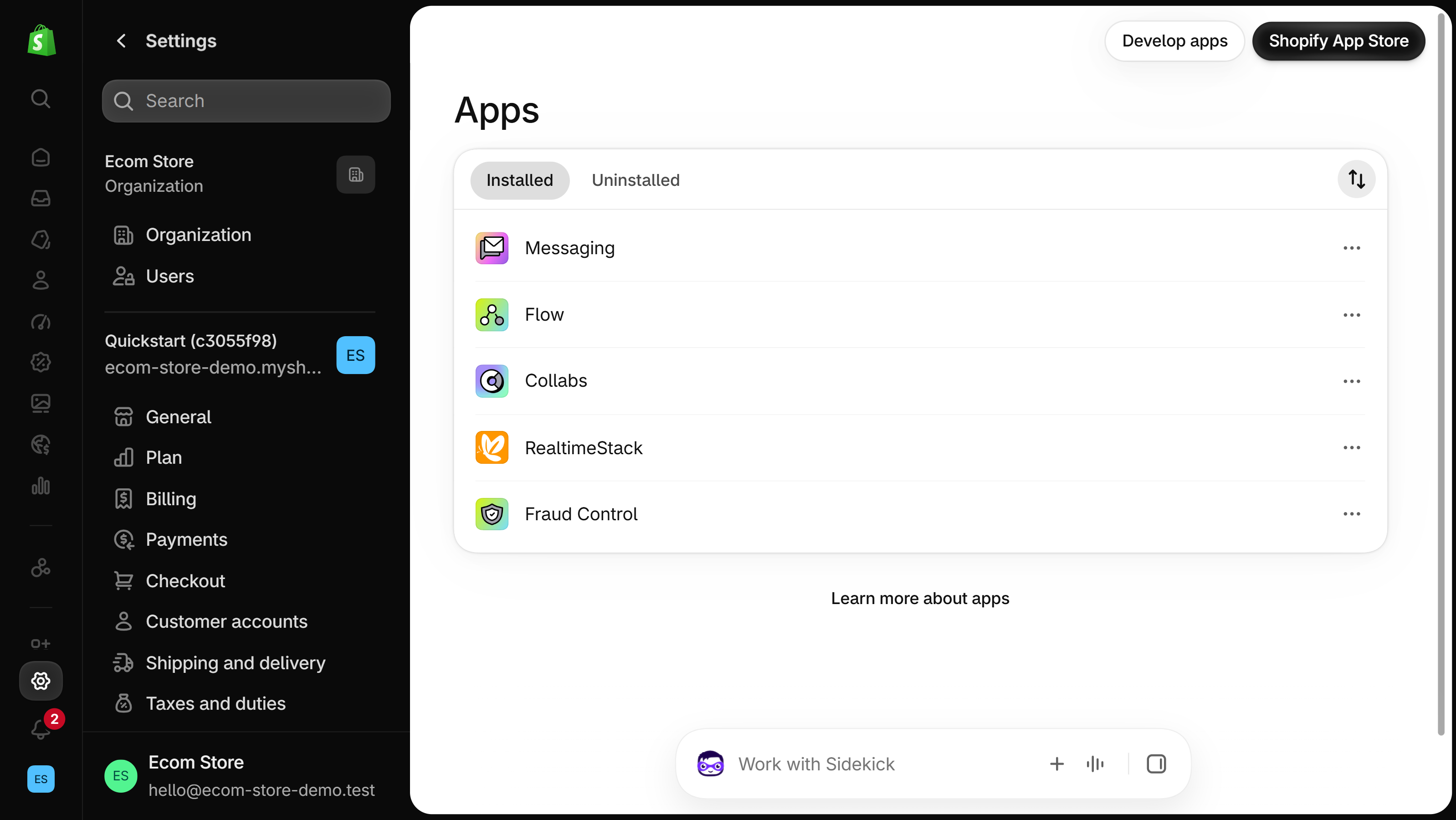 Shopify admin Settings, Apps page on the Installed tab, listing five apps, each row ending in a menu button