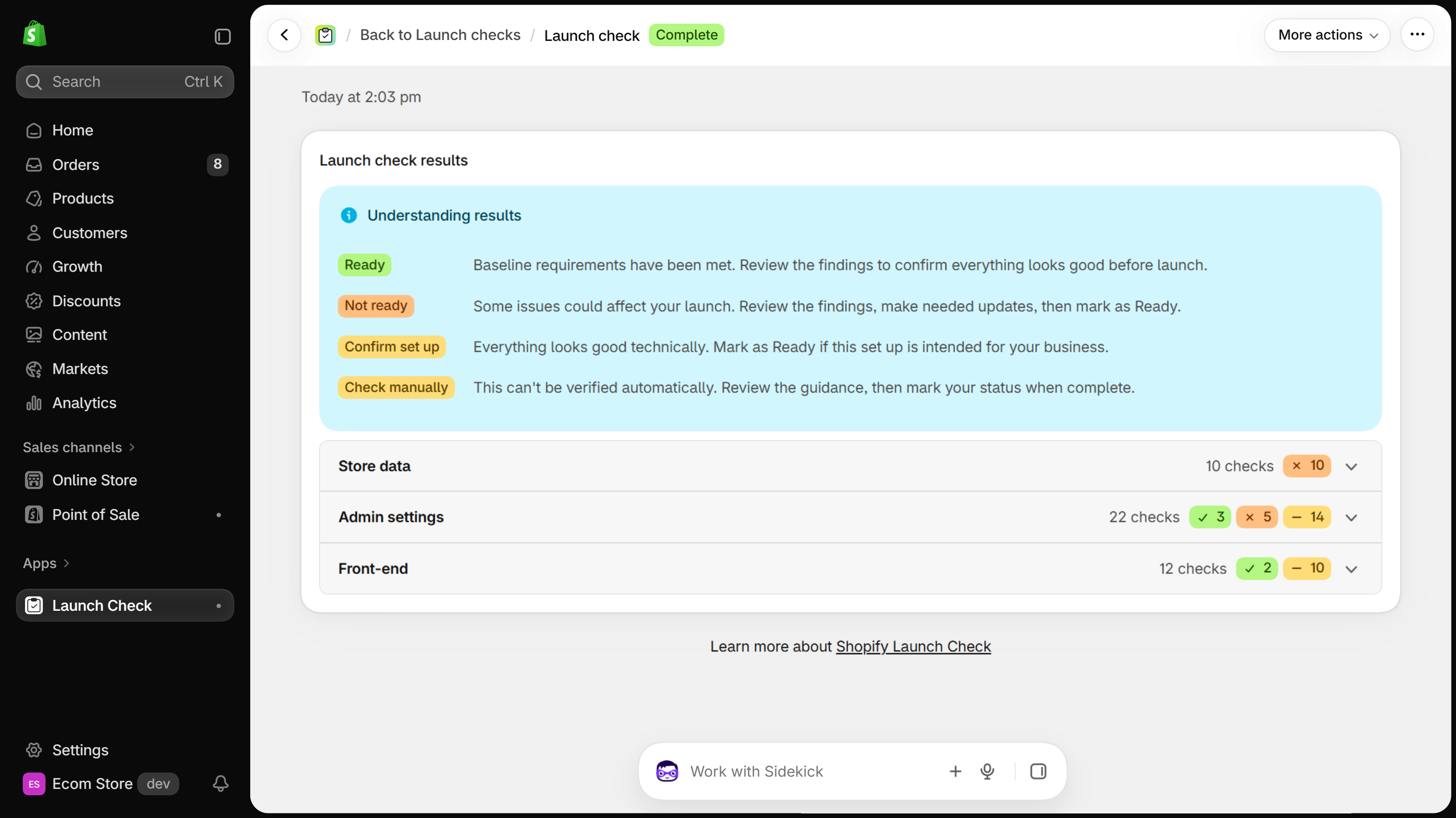 Launch check results page in the Shopify admin: an Understanding results legend with four assessments above groups of checks for store data, admin settings and front-end