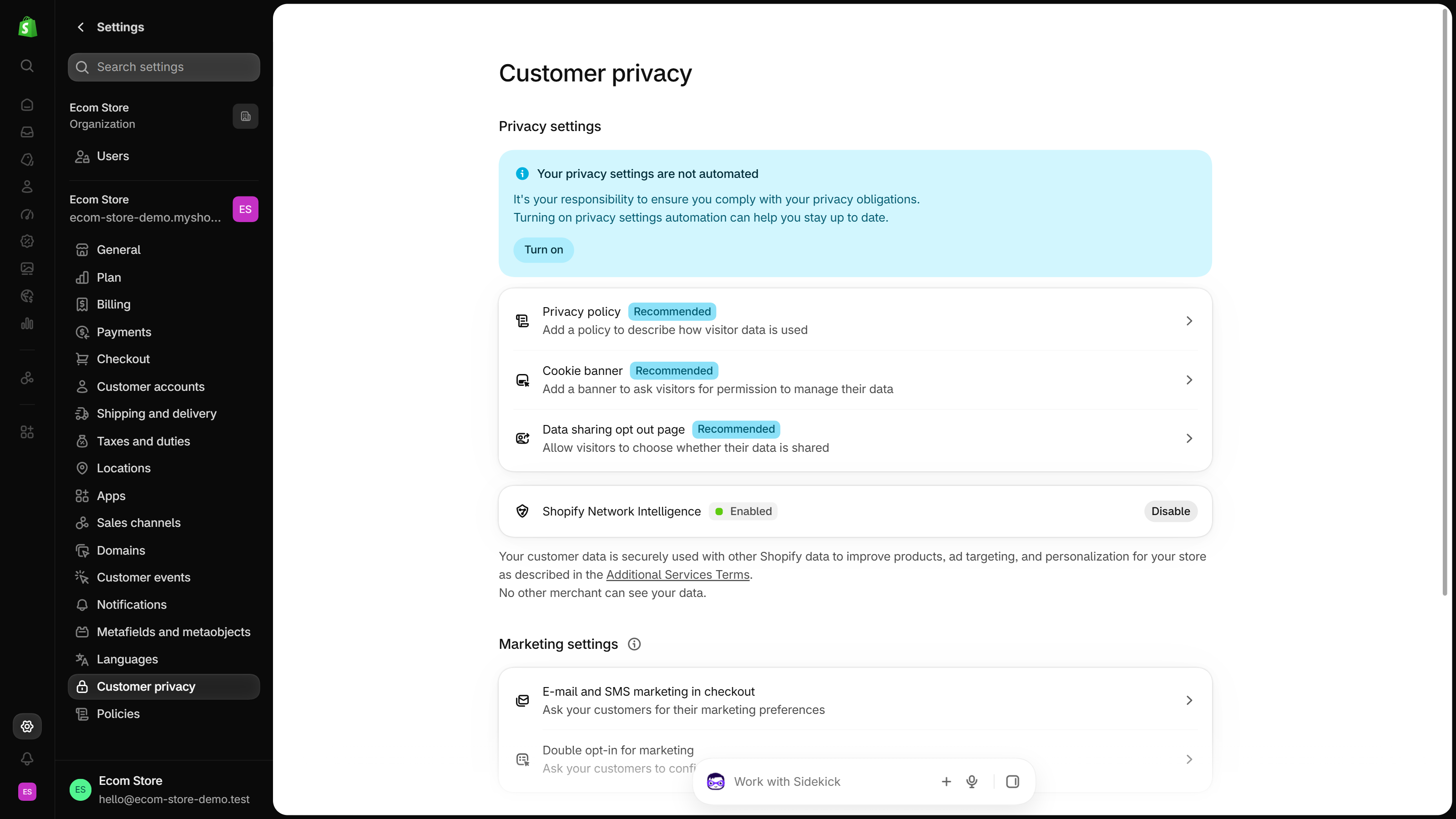 Shopify admin Settings, Customer privacy page: the Shopify Network Intelligence card shows the status Enabled with a Disable button