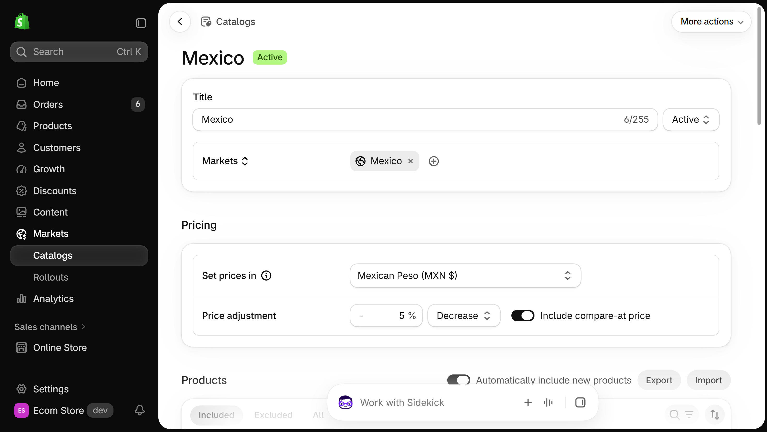 Catalog pricing in the Shopify admin with a percentage price adjustment and the Include compare-at price toggle